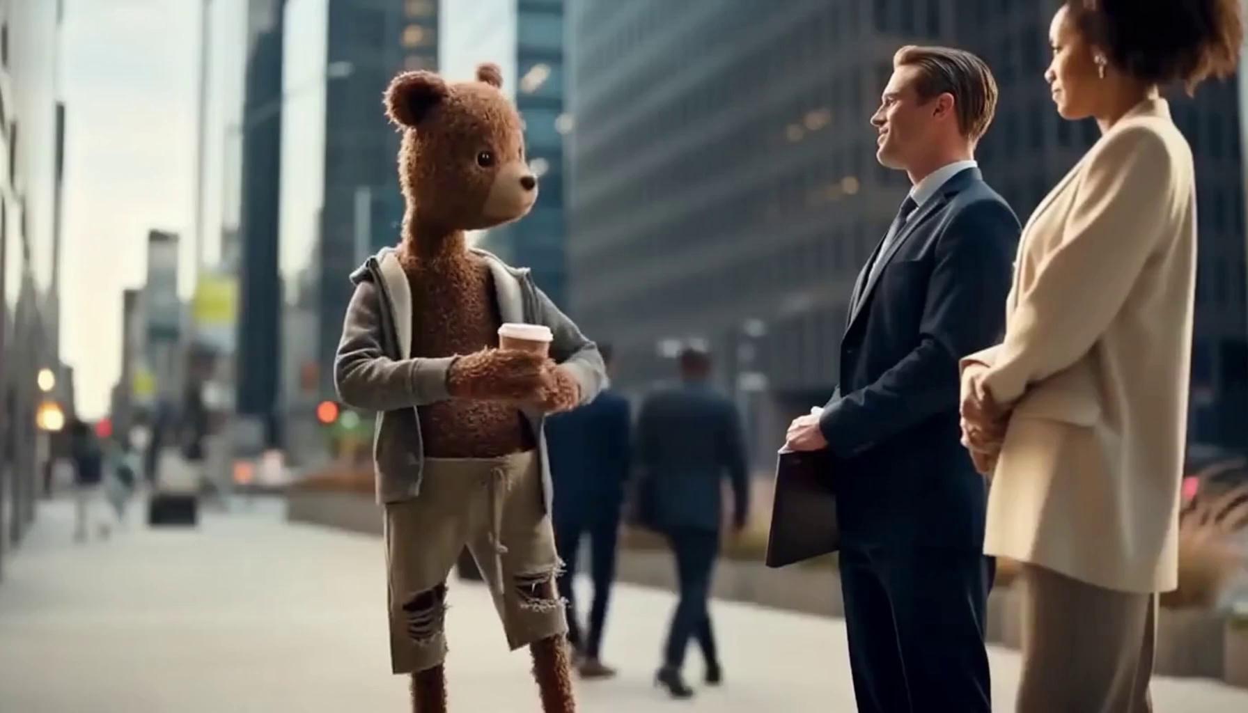 Prompt: This is a photograph of a plush teddy bear designed to resemble a stick . The teddy bear has a soft, brown, fuzzy texture and stands against a plain white background. Its round, black, shiny eyes and black, triangular nose are prominently featured on its face, which is slightly brown and very skinny
 The bear is a skinny Crackhead trying to give motivational speeches in the street to successful people walking by that will stop and listen 
