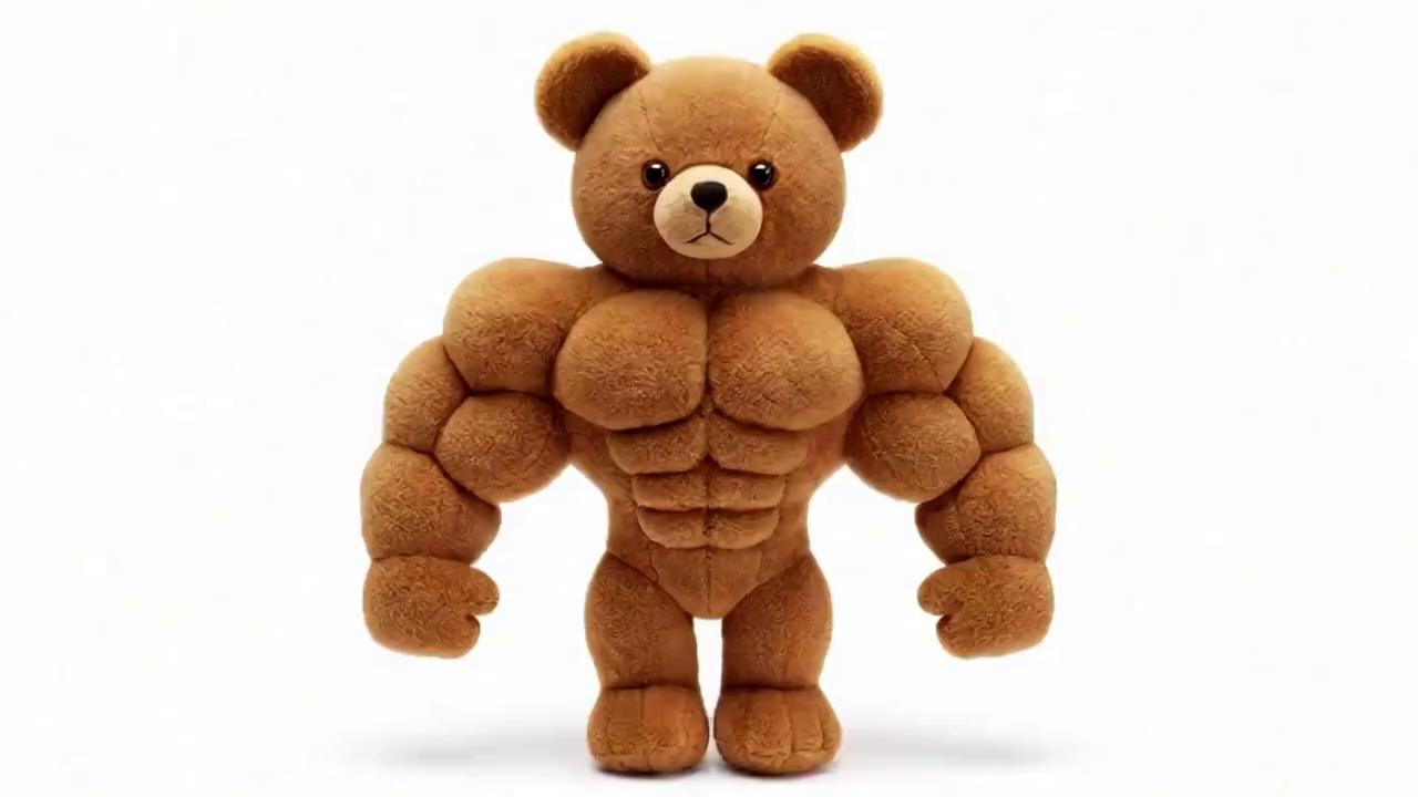 Prompt: This is a photograph of a plush teddy bear designed to resemble a bodybuilder. The teddy bear has a soft, brown, fuzzy texture and stands against a plain white background. Its round, black, shiny eyes and black, triangular nose are prominently featured on its face, which is slightly lighter in color than the rest of its body. The bear's mouth is a small, black, oval-shaped stitch.

The most striking feature of the teddy bear is its exaggerated, muscular physique. Trying to over tower everyone with his short stature. Working in retail gossiping about the other workers behind there back. 