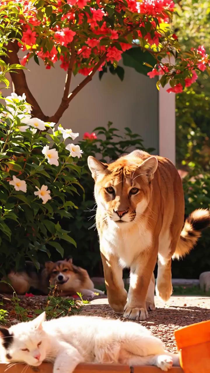 Prompt: the puma attacks the cat but the dog stars barking and the puma runs away