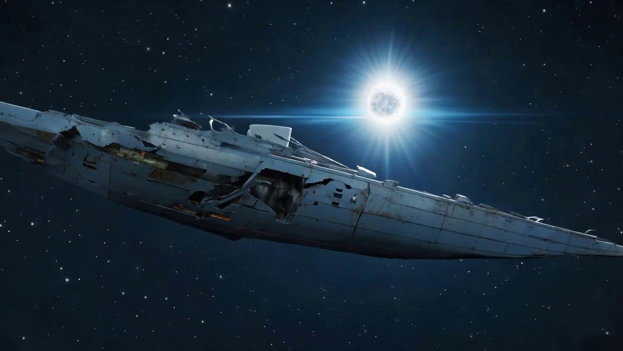 Prompt: Setting: Deep space — a broken ship drifts past a dying star.

Wide Shot: The ship spins slowly, half its hull torn open.

Close-Up: Inside, everything is frozen — coffee still floats midair.

Lighting: Cold, silver light from the distant sun glints off twisted metal.

Mood: Empty, eerie — like the graveyard of humanity.
