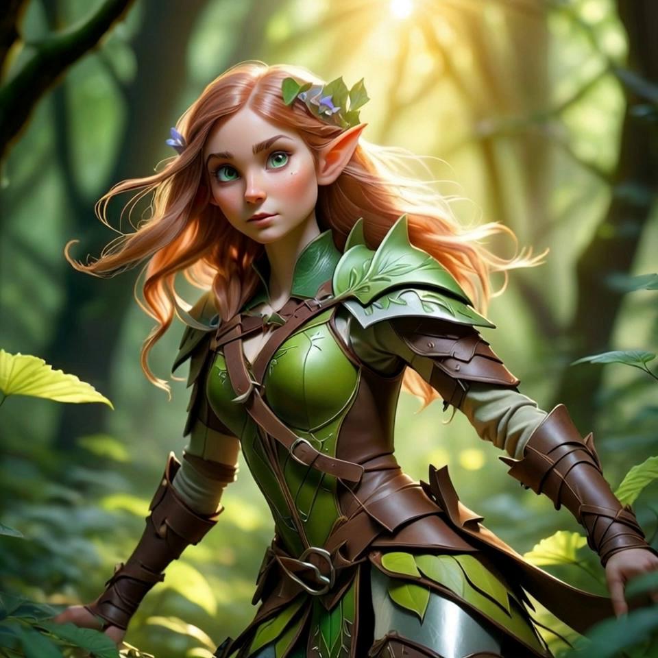 Prompt: the forest fairy walking through the forest with the wind gently blowing her hair