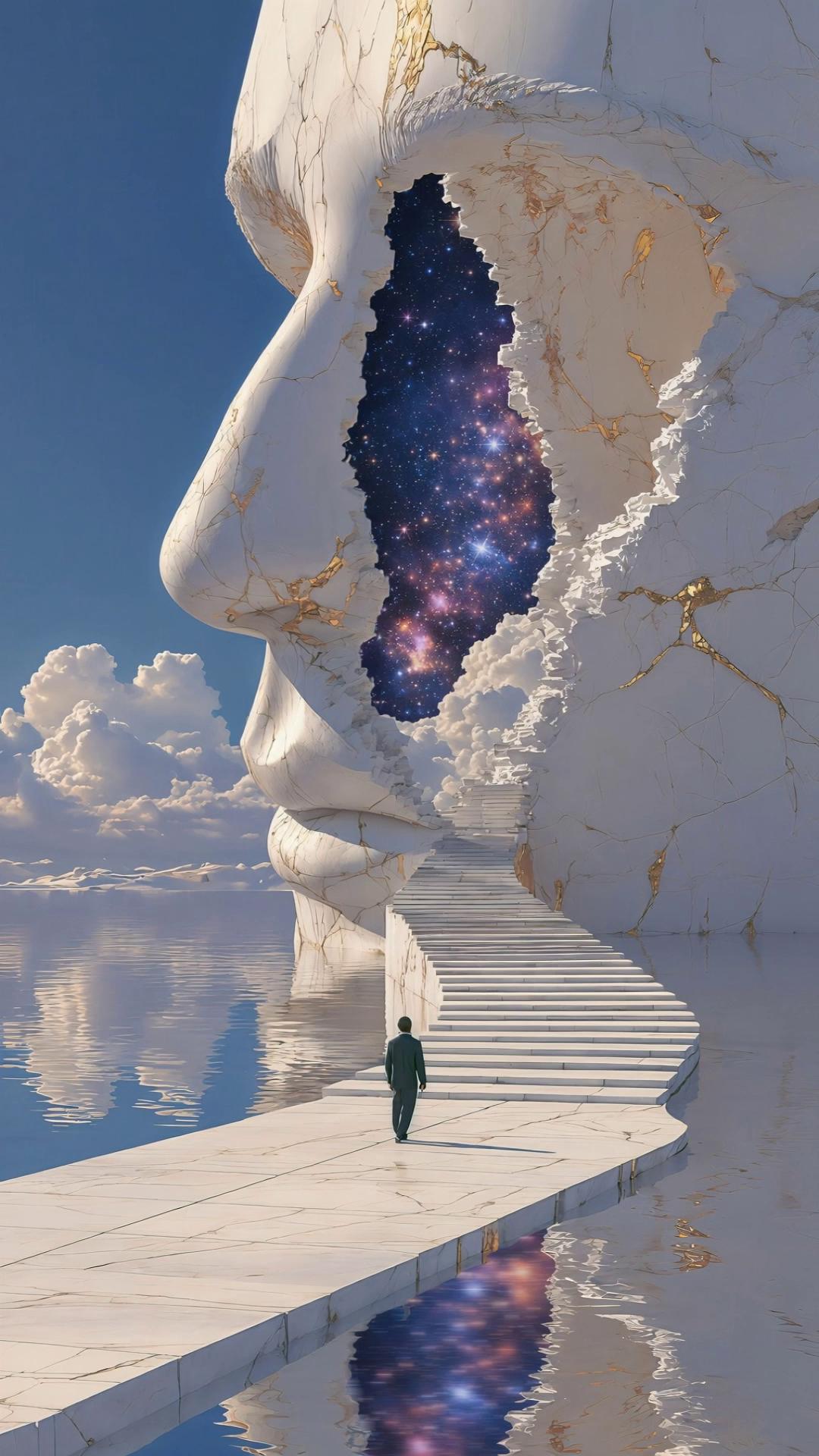 Prompt: slow cinematic animation, ultra smooth motion, no loopa small human figure walking slowly forward along the stone path toward a massive cracked marble facemovement is very subtle and natural, slow steps, calm pacing, no exaggerationsoft clouds drifting gently across the sky, slow and continuous motionwater surface slightly moving with delicate ripples, reflecting the sky and the figure with mild distortionthe galaxy inside the cracked face slowly shifting, stars subtly twinkling, nebula softly flowing with very slow internal motionlighting remains stable, soft daylight, no flickeringcamera slowly pushing forward (very subtle zoom in), cinematic and smoothatmosphere calm, introspective, dreamlikeno distortion, no morphing, no object warpingmaintain structure and composition perfectlyultra realistic, cinematic, high detail