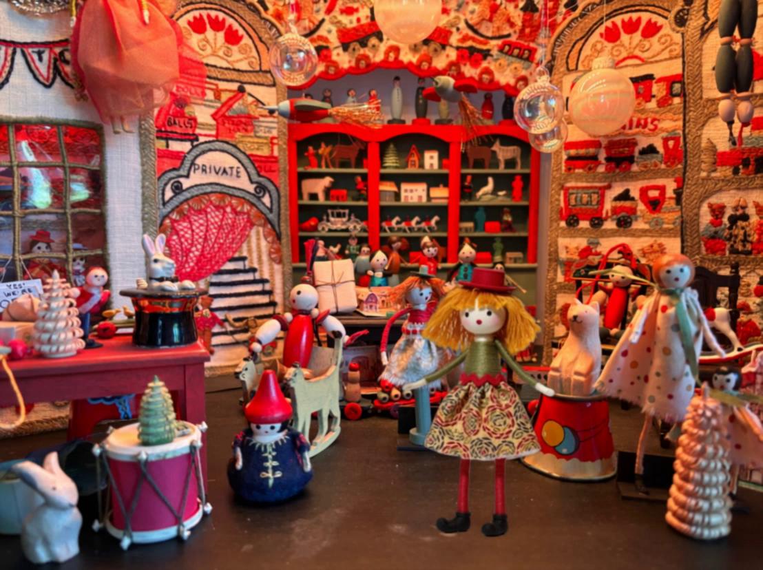 Prompt: polly is walking through the toy shop