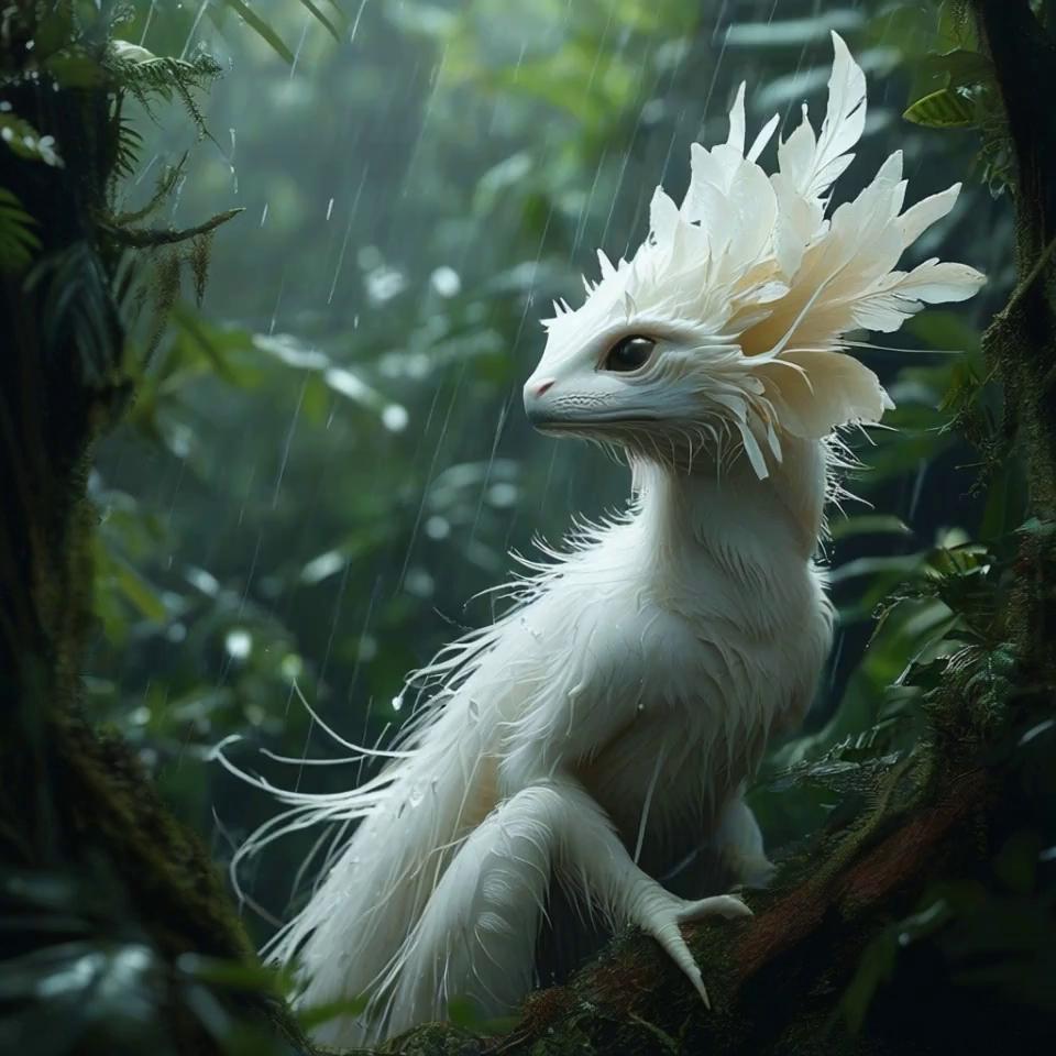 Prompt: Climbs up the wet tree. Opens its sharp jaws and screams out to its mate. 