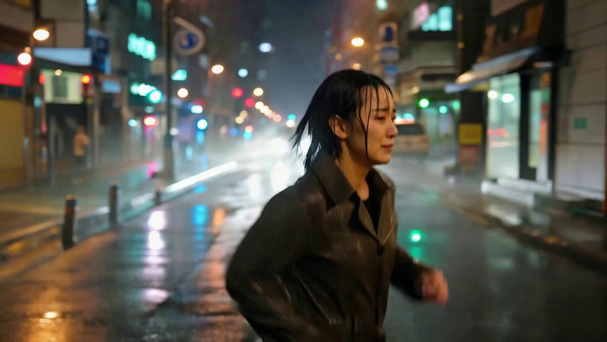 Prompt: SCENE 1 — THE RUN (0–6 seconds)
Setting:
A city street at night. Heavy rain. Mist in the air. Streetlights diffused by fog.
Character (Woman 1):
Age: 28–35
Appearance: dark hair, soaked, no makeup or minimal makeup
Clothing: dark coat, simple clothes, no branding
Expression: distressed, urgent, vulnerable
Camera:
Handheld tracking shot from the side and behind
Slight camera shake to feel chaotic
Shallow depth of field
Action:
She runs through the rain. Breath visible in the cold air. Water dripping from her hair and clothes.
Sound:
Rain, fast breathing, distant city noise.
Text on screen (small, subtle, white):
When you need guidance…