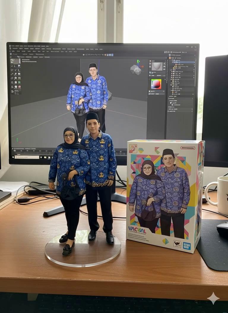Prompt: Two hands gently pick up the figurine on the frame and rotate it slightly for inpection. The model in the packaging box remain stationary,while all other background elements stay unchanged.