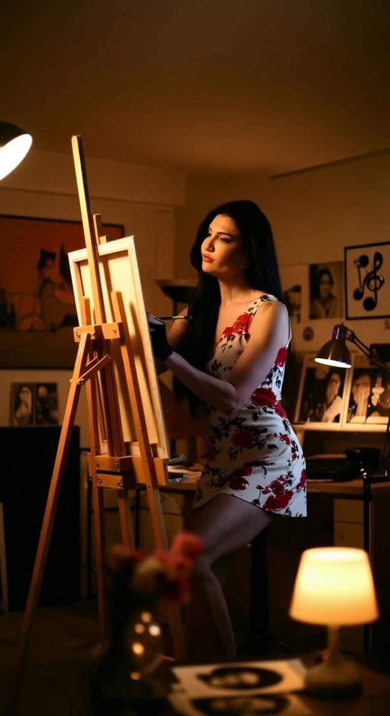 Prompt: A beautiful female artist is standing in front of an easel, focused and intensely drawing with gentle, professional, and very feminine hand movements. The camera begins on a close-up of her (**matching the Start Frame**). The camera then executes a **slow, continuous, smooth 180-degree orbit (arc shot)** around the artist, showing her back and the canvas (**matching the End Frame**), all while her hands continue to draw. As the camera completes the orbit, **the artist suddenly stops drawing, instantly turns her head and body 180 degrees to look directly behind her**, with a wondering, startled, and curious expression in her eyes, as if startled by an unseen presence. **Filmed on ARRI ALEXA 65**, deep depth of field, natural soft studio lighting, cinematic continuity, 4K, professional color grading.
