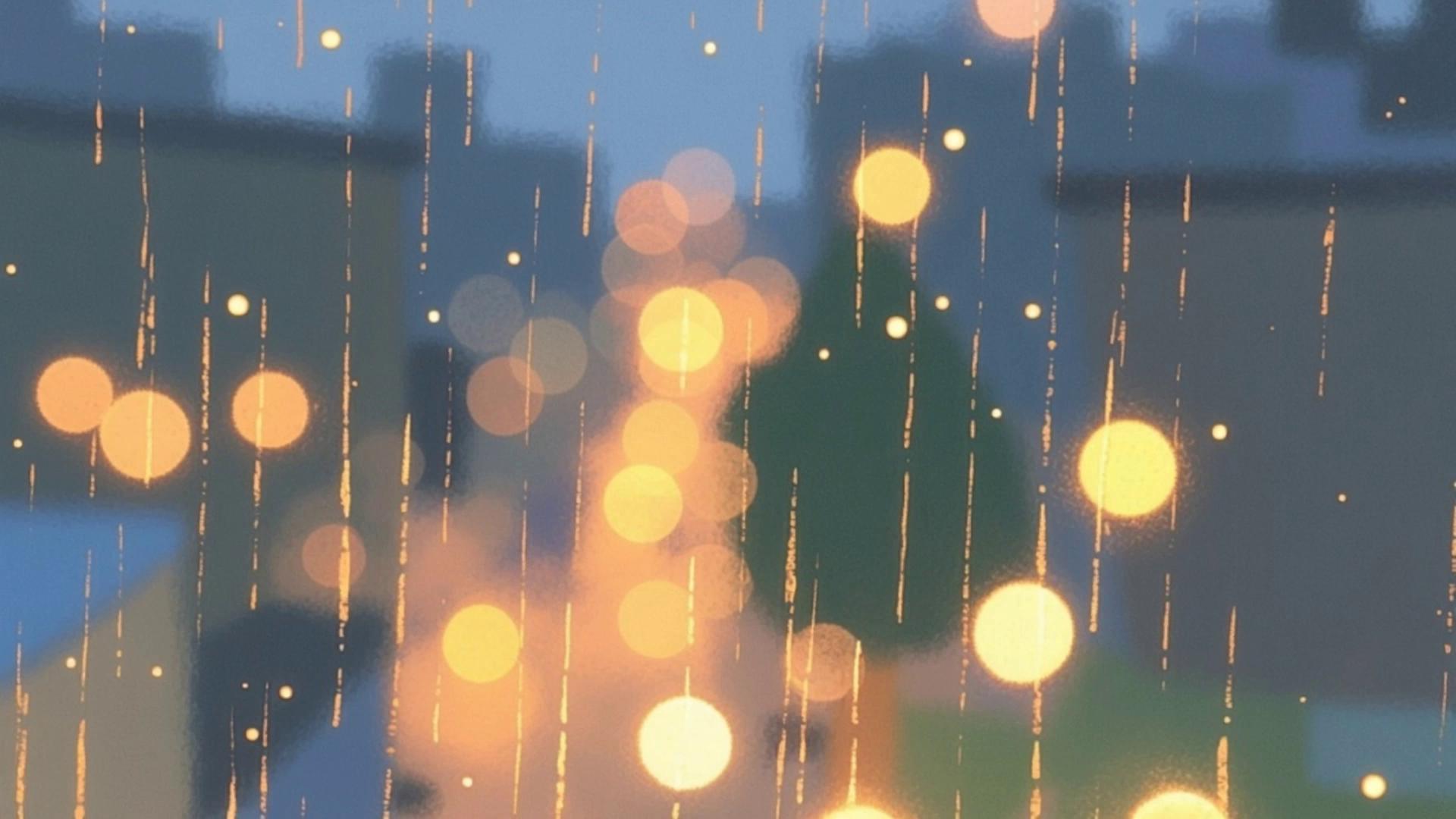 Prompt: Locked camera. Raindrops slide very slowly downward in repeating paths; bokeh shimmer subtle (no pulsing). No streak jumps. Seamless loop.