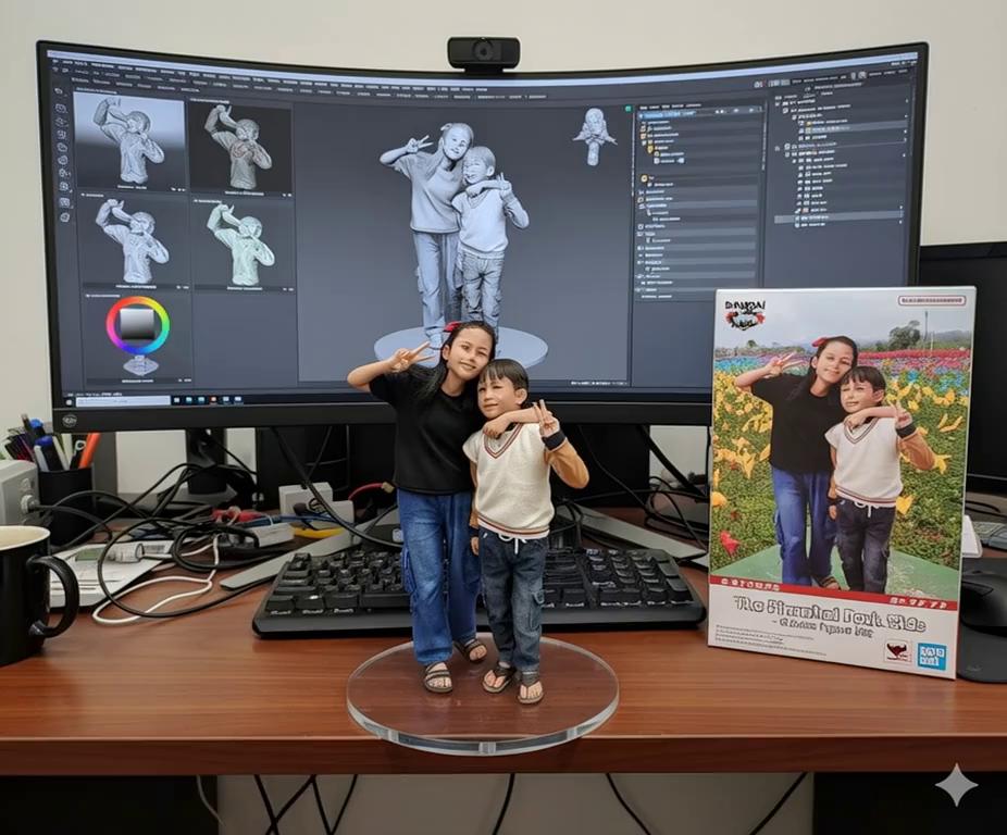 Prompt: gunakan skala model 1 / 24 dalam ilustrasi, dalam gaya dan lingkungan yang realistis tempat. gambar di meja komputer menggunakan dasar akrilik transparan melingkar tanpa teks apa pun. di layar komputer, tampilkan 3D proses pemodelan gambar. Di sebelah layar komputer,tempatkan mainan bergaya tamiya lalu gunakan model dua tangan mengangkat tinggi akrilik tamia dengan gerakan sedikit memutar produk . kotak kemasan di cetak dengan aslinya karya seni resolusi 8k realistis.