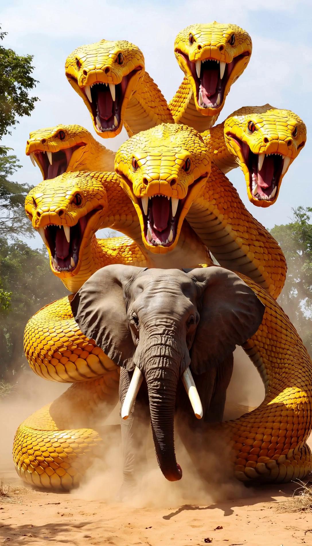 Prompt: Wide jungle shot. Camera slowly pushes toward a massive seven-headed yellow serpent tightly wrapped around a huge elephant. Dust rises as all seven heads hiss and strike in different directions. The elephant struggles violently while the coils tighten. Quick close-ups on each serpent head, showing fangs, eyes, and movement. Close-up on the coils squeezing the elephant. Handheld camera shake during the strongest moments of pressure. Slow circle around the creature from the left side. Final dramatic slow zoom-out showing the entire seven-headed serpent dominating the jungle while dust and broken trees fill the scene.”
