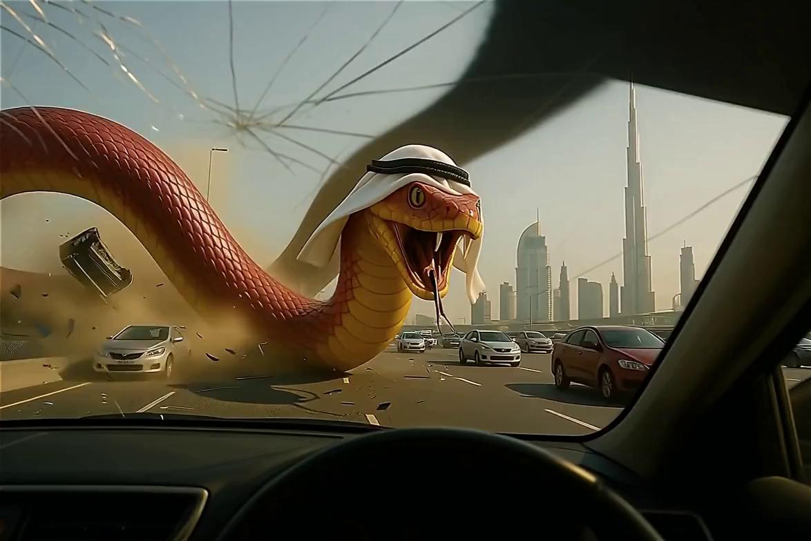 Prompt: “A hyper-realistic 10-second cinematic video of a colossal red-and-gold serpent wearing a white keffiyeh attacking cars on a Dubai highway.
	•	Seconds 0–2 (POV Shot): Camera starts inside a car with a cracked windshield, shaking violently as the serpent’s tail smashes into nearby vehicles, sending one car flipping into the air.
	•	Seconds 2–4 (Pan Up): The camera pans upward from the car hood to the giant snake’s massive head towering above, hissing with its mouth wide open against the Dubai skyline.
	•	Seconds 4–6 (Lunge Forward): The serpent suddenly lunges toward the windshield, tongue flicking, dust and debris slamming the glass as the camera shakes.
	•	Seconds 6–8 (Side Tracking): Camera cuts to a side tracking shot as the serpent whips its tail across the road, crushing cars and scattering debris.
	•	Seconds 8–10 (Drone Wide Shot): Final aerial drone pullback, showing the serpent roaring over the highway with Burj Khalifa in the background, chaos, smoke, and destruction spreading below.

Cinematic 4K, ultra-realistic style, 16:9, dynamic sound and motion.”