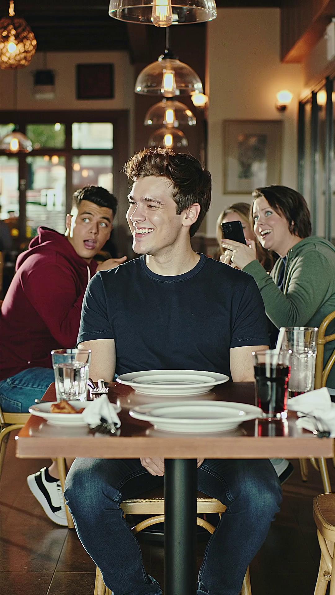 Prompt: Créer une vidéo ultra-réaliste, format vertical 9:16, durée 10 secondes, style caméra smartphone avec léger flou de mouvement, ambiance TikTok authentique.

Scène 1 (0-2s) :
Plan serré sur un homme assis à une table de pizzeria, entouré d’amis, ambiance bruyante et fun. Un serveur dépose une énorme pizza entière devant lui. Tout le monde rit et le filme avec leur téléphone.

Scène 2 (2-5s) :
En un mouvement ultra rapide et irréel, l’homme mange la pizza entière en seulement 3 secondes. Effet visuel réaliste mais exagéré, avec bruit de mastication accéléré et réactions choquées autour (cris, rires, applaudissements).

Scène 3 (5-8s) :
Plan sur le public dans le restaurant : visages stupéfaits, bouche ouverte, téléphones levés, un homme laisse tomber sa boisson de surprise.

Scène 4 (8-10s) :
Zoom final sur l’homme qui fait un clin d’œil à la caméra, texte animé à l’écran : 
“Il vient de battre le record du monde 😳🍕 #Unreal #ViralMoment #TikTokMadeMeLook”
Ambiance lumineuse, couleurs chaudes, son de fond de foule en délire + musique rythmée et montée de basse.
