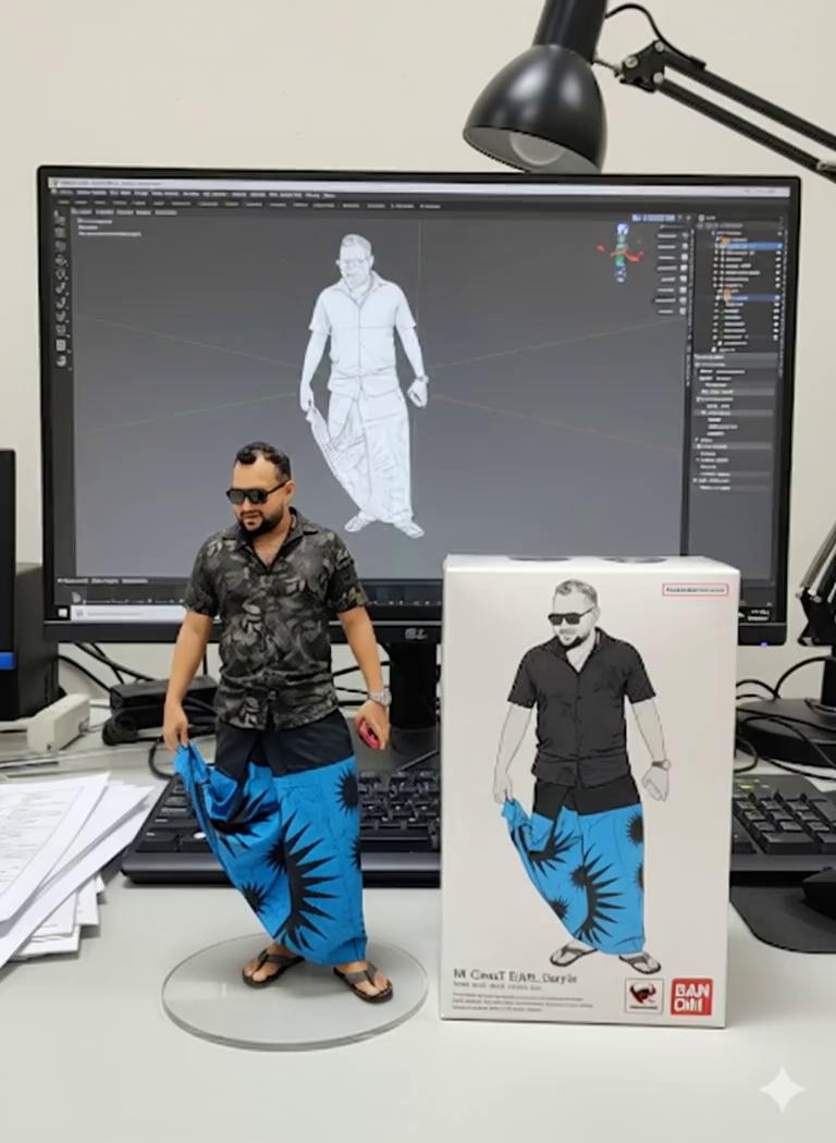 Prompt: @𝕻𝖔𝖚𝖓𝖉  ฯ.: Use the nano-banana model to create a 1/7 scale commercialized figure of the character in the illustration, in a realistic style and environment. Place the figure on a computer desk, using a circular transparent acrylic base without any text. On the iMac screen, display the Blender modeling process of the figure. Next to the computer screen, place a TAKARA-TOMY-style toy packaging box printed with the original artwork.