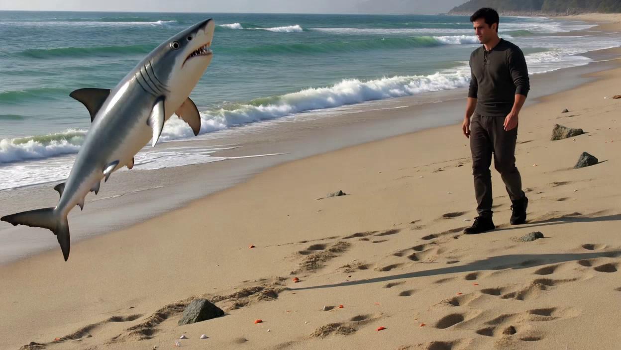 Prompt: One tall Asian guy walk on the beach, suddenly it have a shark jump on the beach and say tralalero tralala