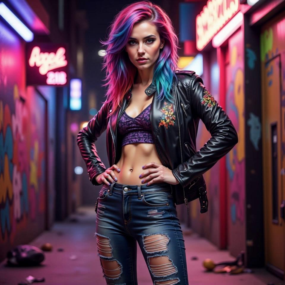 Prompt: digital realism female character fd07971b with multicolored hair, leather jacket with designs, cropped top, ripped jeans In a vibrant urban alley, illuminated by the flickering neon lights of nearby signs, the character stands confidently, showcasing their full-body look. Their multicolored hair spills over the leather jacket adorned with intricate designs, contrasting sharply with the textured cropped top and edgy ripped jeans. The surrounding graffiti-covered walls and scattered urban debris amplify their rebellious spirit, yet the dynamic camera angle captures them at the center, ensuring they dominate the frame with effortless swagger while remaining visually striking from all perspectives.