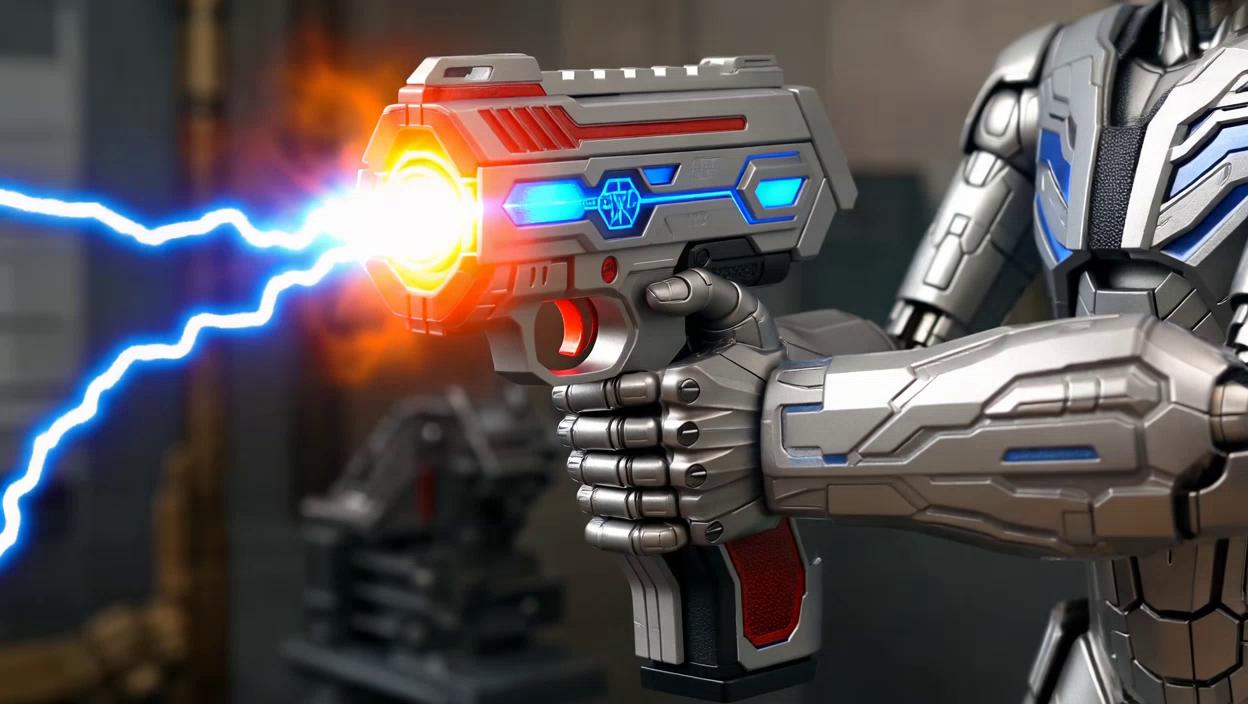 Prompt: a lightning bolt fires out of a high tech hand gun being held by a statue
