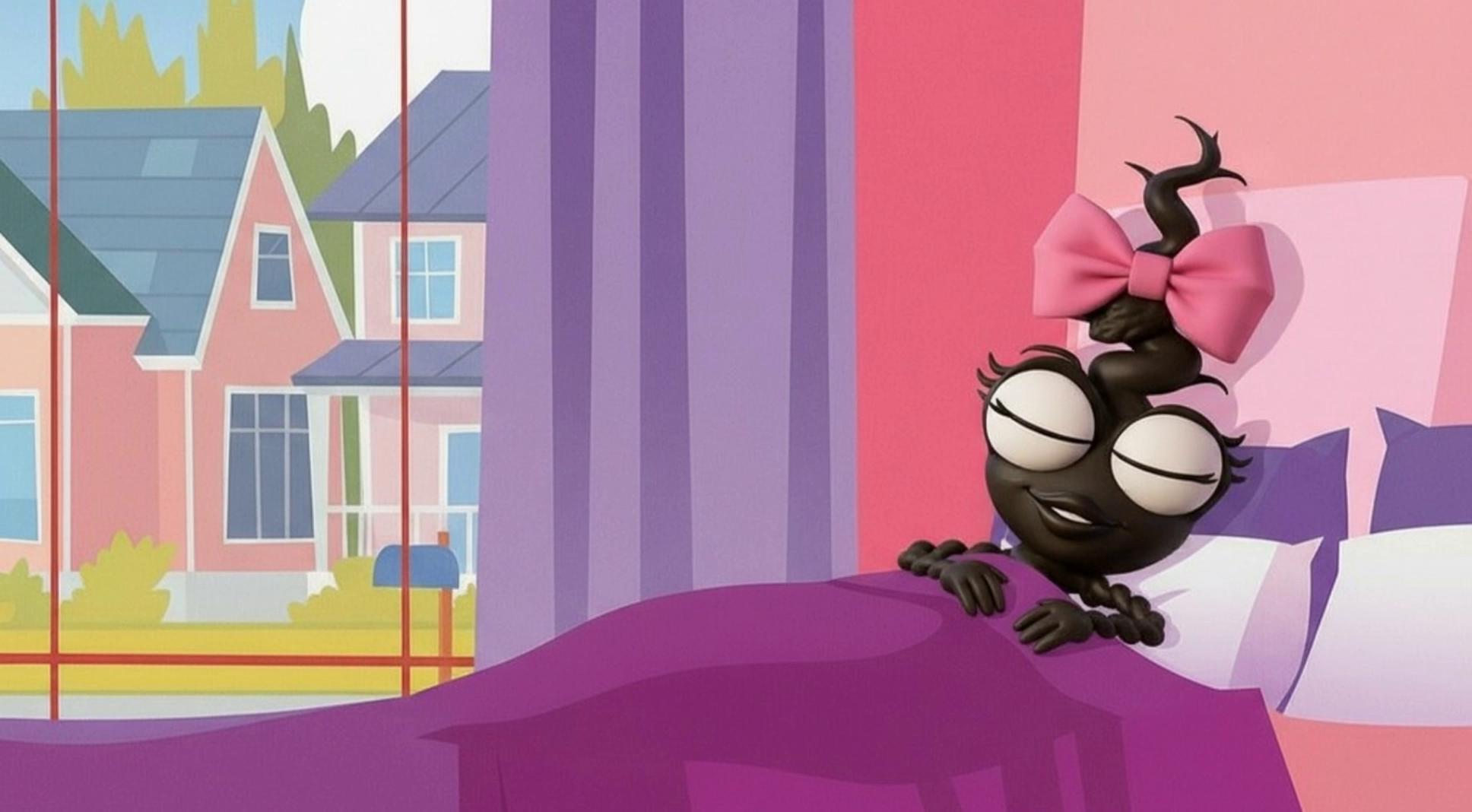Prompt: tracking shot of an animated charater rolling out of the bed, walk through the bathroom door.