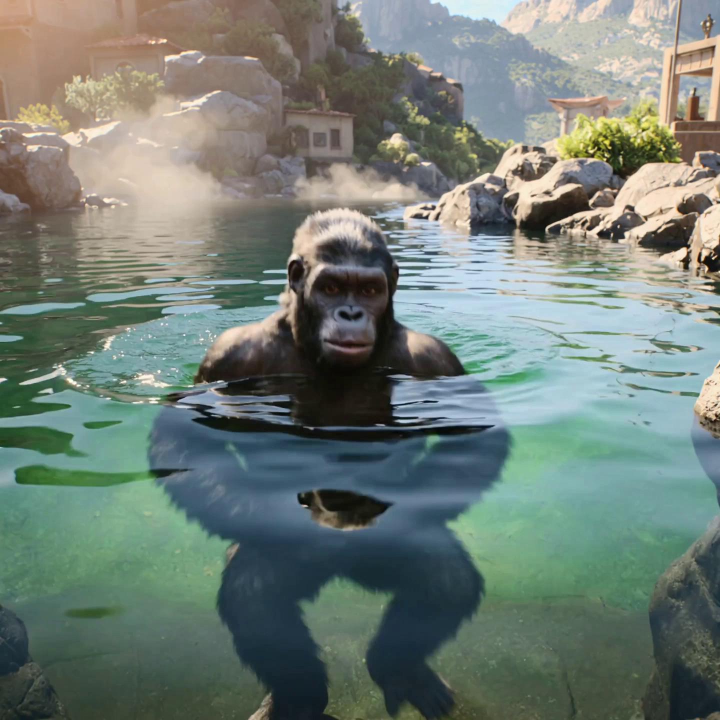 Prompt: une gorrile qui parle farci et qui est parti en afghanistan kaboul et aller nagez dans le lac de khargha and he say the water is very hot and after they go to a car and drive to a afghan bolani restaurant and order pizza bolani and potato bolani and say bye bye see you tomorrow in farci