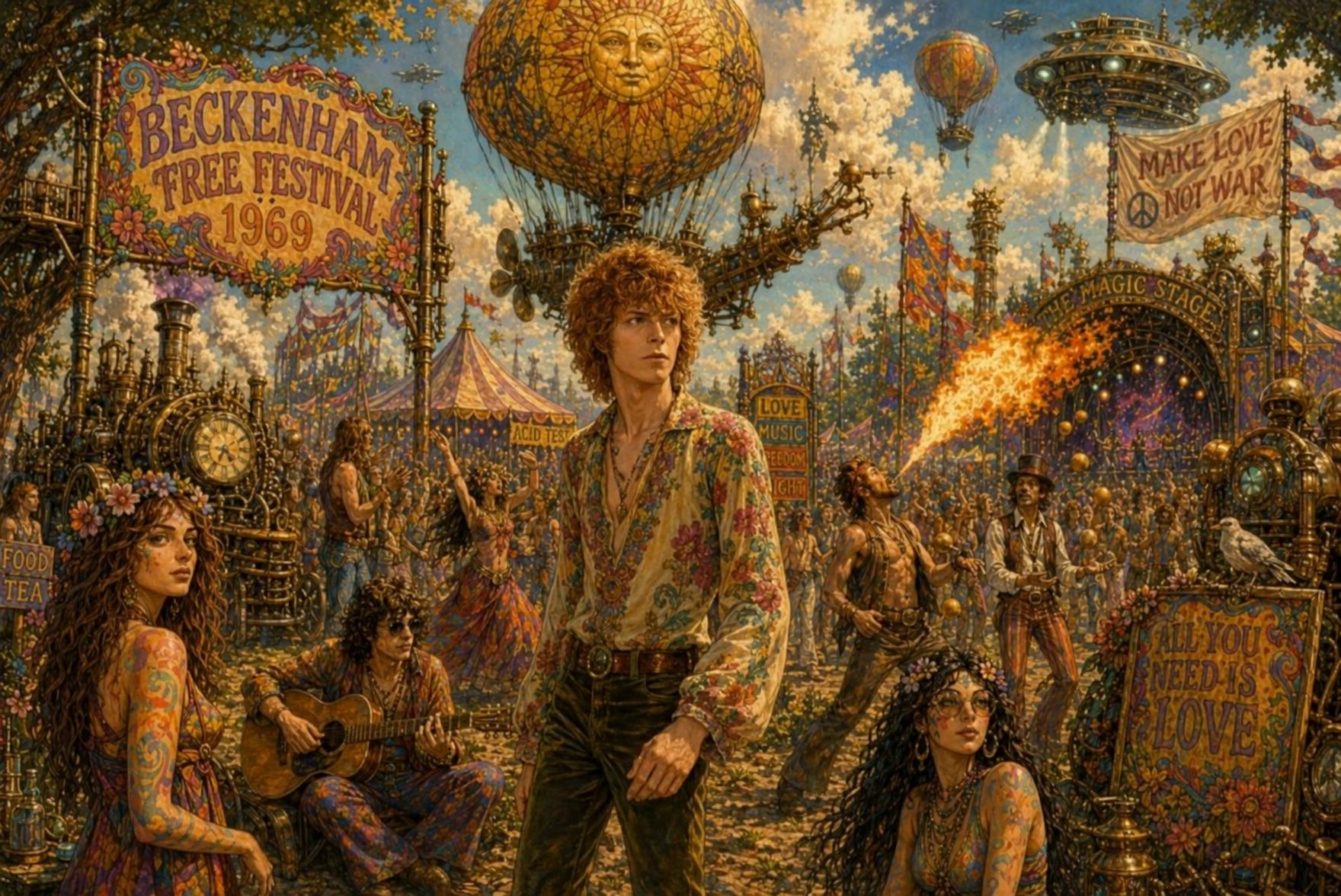 Prompt: Man walks through the beckenham free festival in london, 1969. People are dancing to 'In Memory of a free festival' song by David Bowie