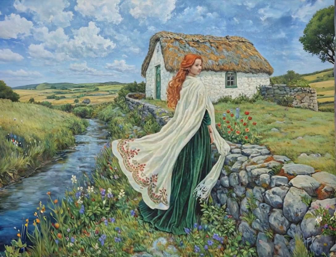 Prompt: Hair, cloak, flowers blowing in the wind. Head turning, smiling.
