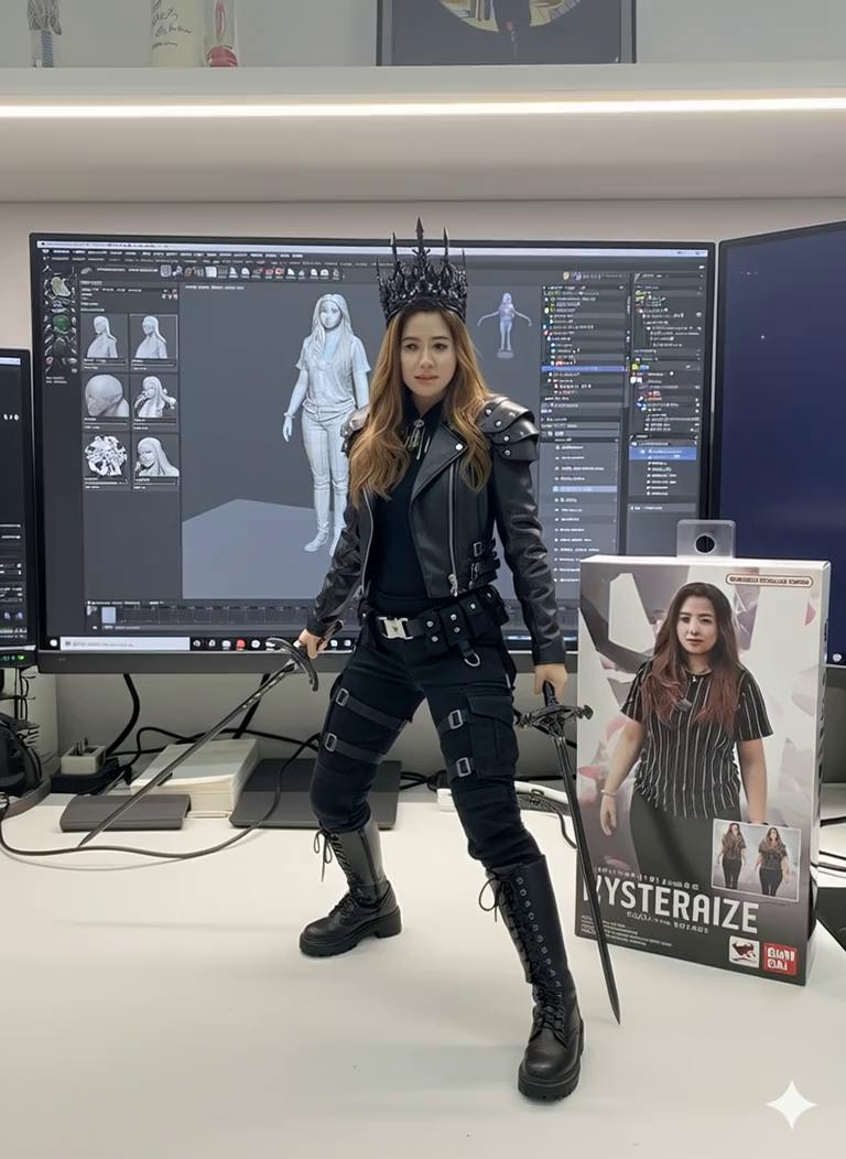 Prompt: Two hands gently pick up the figure in the frame and rotate it slightly for inspection. The model on the computer screen and the model printed on the packaging box remain stationary, while all other background elements stay unchanged.