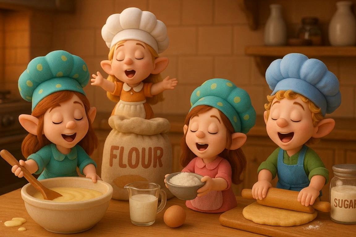 Prompt: This delightful image shows four cheerful Lilliputian-style characters—tiny, elf-like bakers—joyfully preparing ingredients in a cozy, warm kitchen. They are mid-song, their faces beaming with happiness as they stir batter, roll dough, and measure flour. Let’s bring this animated baking moment to life in video form!

Optimized Prompt:
Inside a cozy wooden kitchen filled with warm light and rustic charm, a group of Lilliputian bakers—tiny, joyful elves—work together in harmony as they happily prepare ingredients for a magical recipe. The scene begins with a sweeping shot of the miniature kitchen, then zooms in on each character as they sing a whimsical tune in unison. One stirs creamy batter in a large bowl with a wooden spoon, another holds up a bowl of flour with a bright smile, while a third enthusiastically rolls dough on the counter. A fourth Lilliputian, standing atop a flour sack, raises her arms and leads the melody like a conductor. The video captures the ingredients magically swirling, glittering slightly with each movement, and the camera dances between close-ups of their joyful faces and wide shots showing their coordinated, rhythmic motions. The setting glows with golden light as the upbeat music builds to a cheerful climax, leaving a trail of sparkles and laughter in the air.