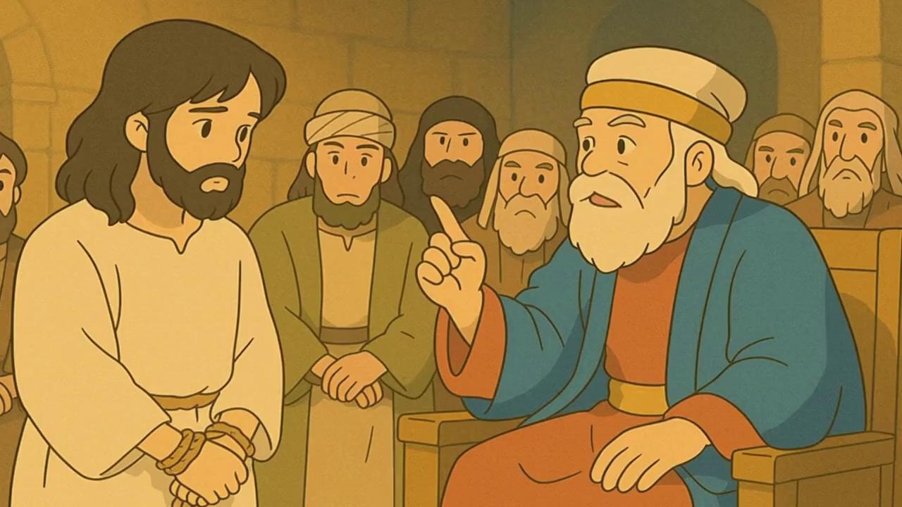 Prompt: Jesus is being questioned by Caiaphas and is responding calmly 