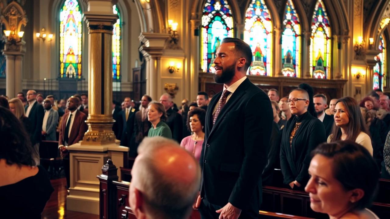 Prompt: Visualize a grand, ornate church bathed in warm, golden light streaming through stained glass windows, casting vibrant colors onto the polished wooden floor. At the front, an evangelical preacher stands, his expression a poignant mix of fervor and vulnerability, teary-eyed as he passionately pleads for the hearts of his congregants. The congregation, a sea of diverse faces, leans forward, captivated, some with tears glistening in their eyes, reflecting the preacher's raw emotion. The air is thick with a spiritual energy, the soft rustle of hymnals and whispered prayers creating a reverent hush. This scene captures a moment of deep connection and urgency, reminiscent of cinematic lighting, photorealistic details, where each facial expression tells a story of faith and longing.