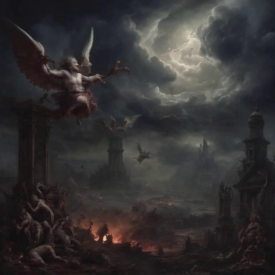 Prompt: In a twisted, surreal landscape cloaked in darkness, a chaotic scene unfolds under a sky swirling with ominous clouds tinted ominously red. Shadows twist and stretch menacingly as jagged mountains loom in the background, their peaks crowned with flickering ghostly lights. In the foreground, gaunt figures of desperate cannibals, their faces distorted with primal hunger, clash amid a cacophony of frantic screams and maniacal laughter. Above them, fallen angels with tattered wings glide menacingly, their eyes burning with rage and insanity, thirsting for vengeance. Ethereal tendrils of mist creep along the ground, wrapping around the chaos like a shroud. The atmosphere pulsates with dread, creating a maddening juxtaposition of beauty and horror, captured in dark fantasy concept art.
