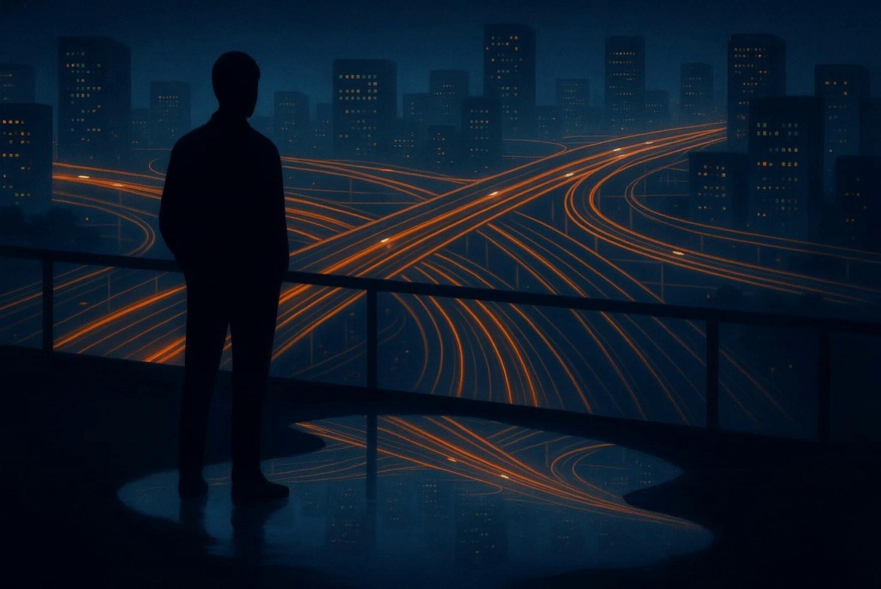 Prompt: Cinematic 16:9 animation of this digital painting. The camera slowly pushes forward from behind the silhouetted person standing on the bridge, while the city below comes to life. Long light trails on the highway interchange begin to move smoothly, flowing like streams of data, cars suggested by tiny moving glows. A soft haze drifts over the buildings as their windows flicker gently, like pixels turning on and off. The reflection in the puddle also animates with subtle ripples, slightly distorting the light trails and city shapes, as if reality is vibrating. Very smooth motion, no camera shake, moody night atmosphere, soft neon orange and blue lights, high detail, preserving the original painterly style, 6–8 second loop.