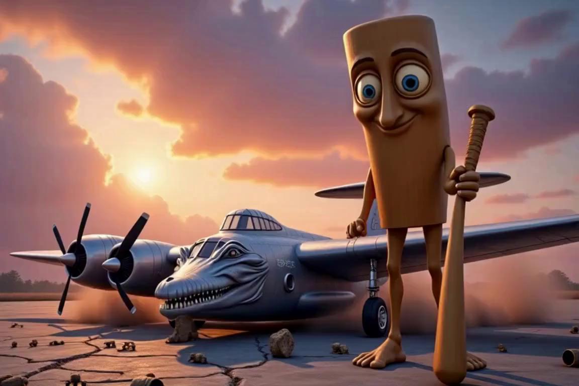 Prompt: The plane close his eyes and the brown figure adopt a menacing posture

There is fire behind the plane 