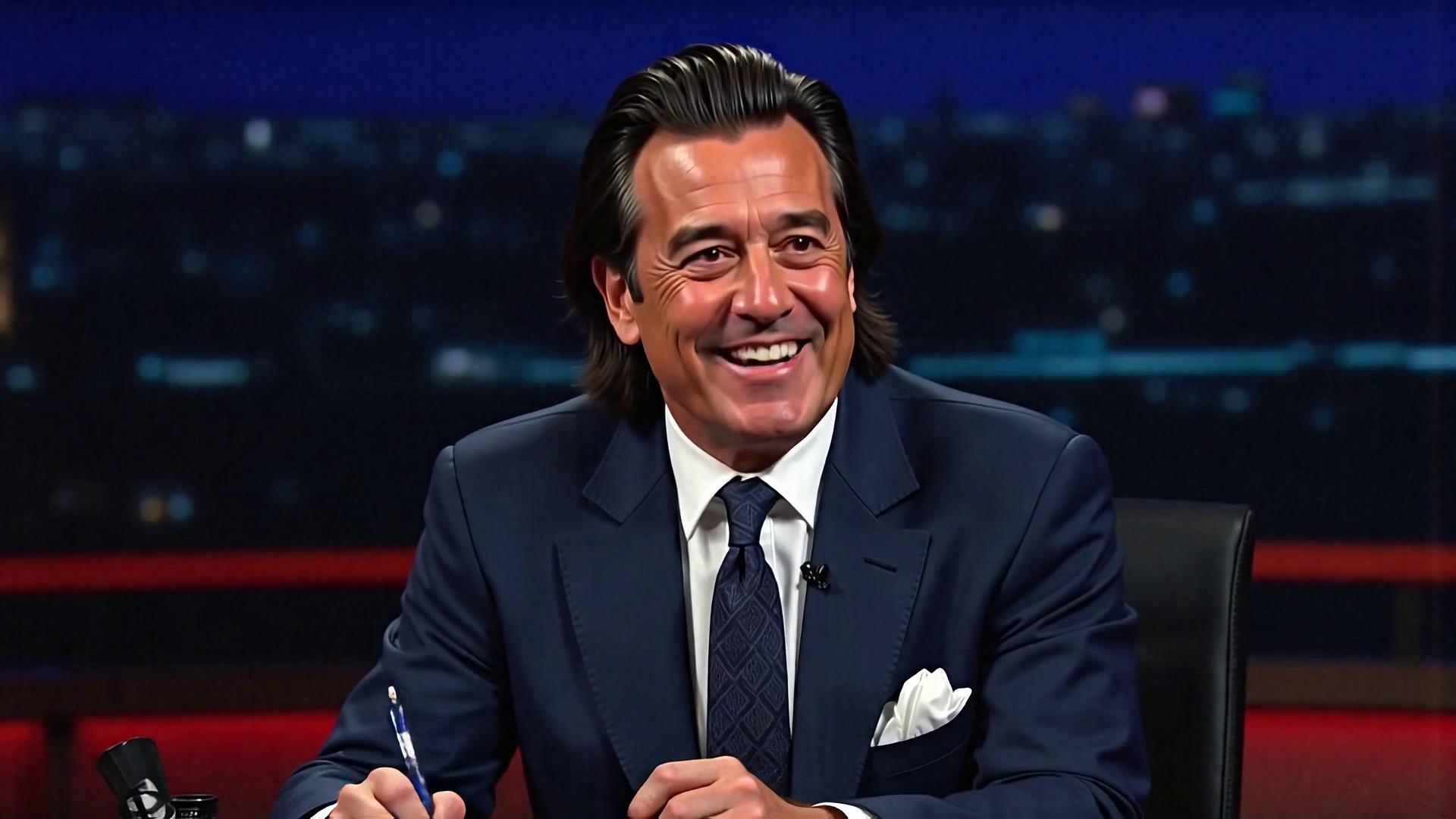 Prompt: Wally sits at the desk with a welcoming smile, applause from the audience is heard in the background, Wally uses his hands to say thank you and to halt the applause which fades to silence allowing Wally to speak

"Ladies & Gentleman welcome to the Willie Shankit show, I am your host Willie Shank it and before you ask yes I do"

audience laughs at the end of Wally speaking while Wally smiles and mildly laughs at his own joke.