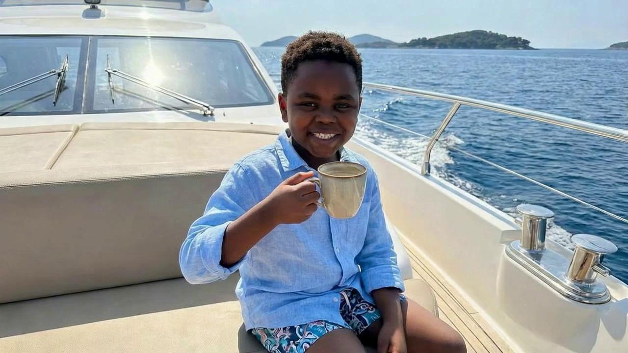 Prompt: A boy on a yathc seamlessly putting down his coffee and camera track him as he  walk  to a restaurant with no cut having  a lunch  with his mum 