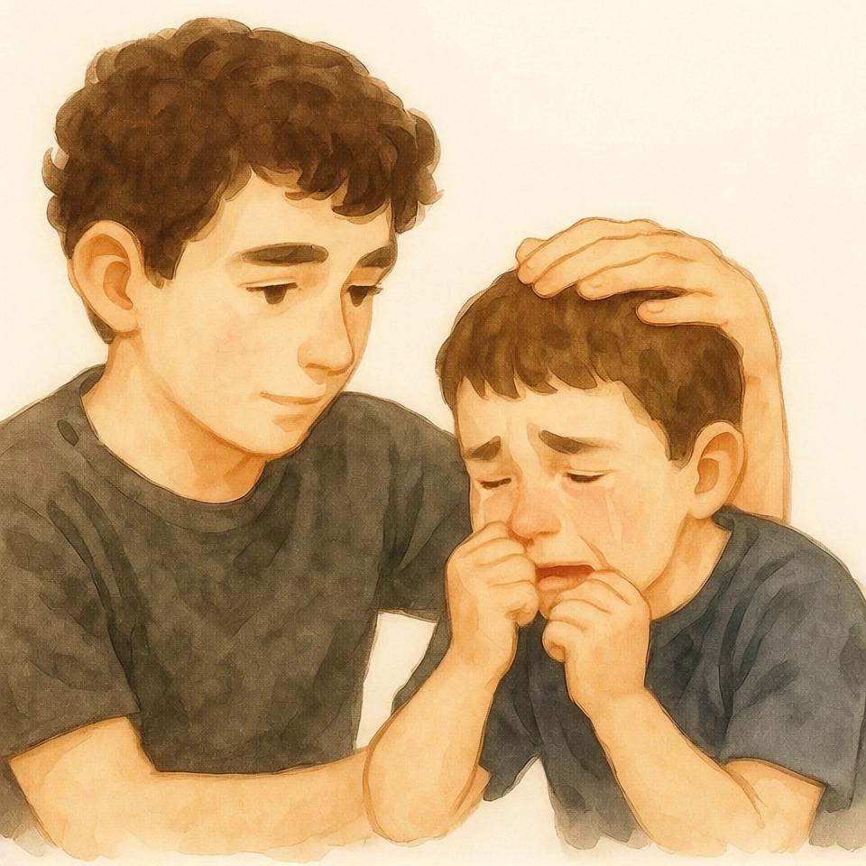 Prompt: a boy crying and his old brother convince him