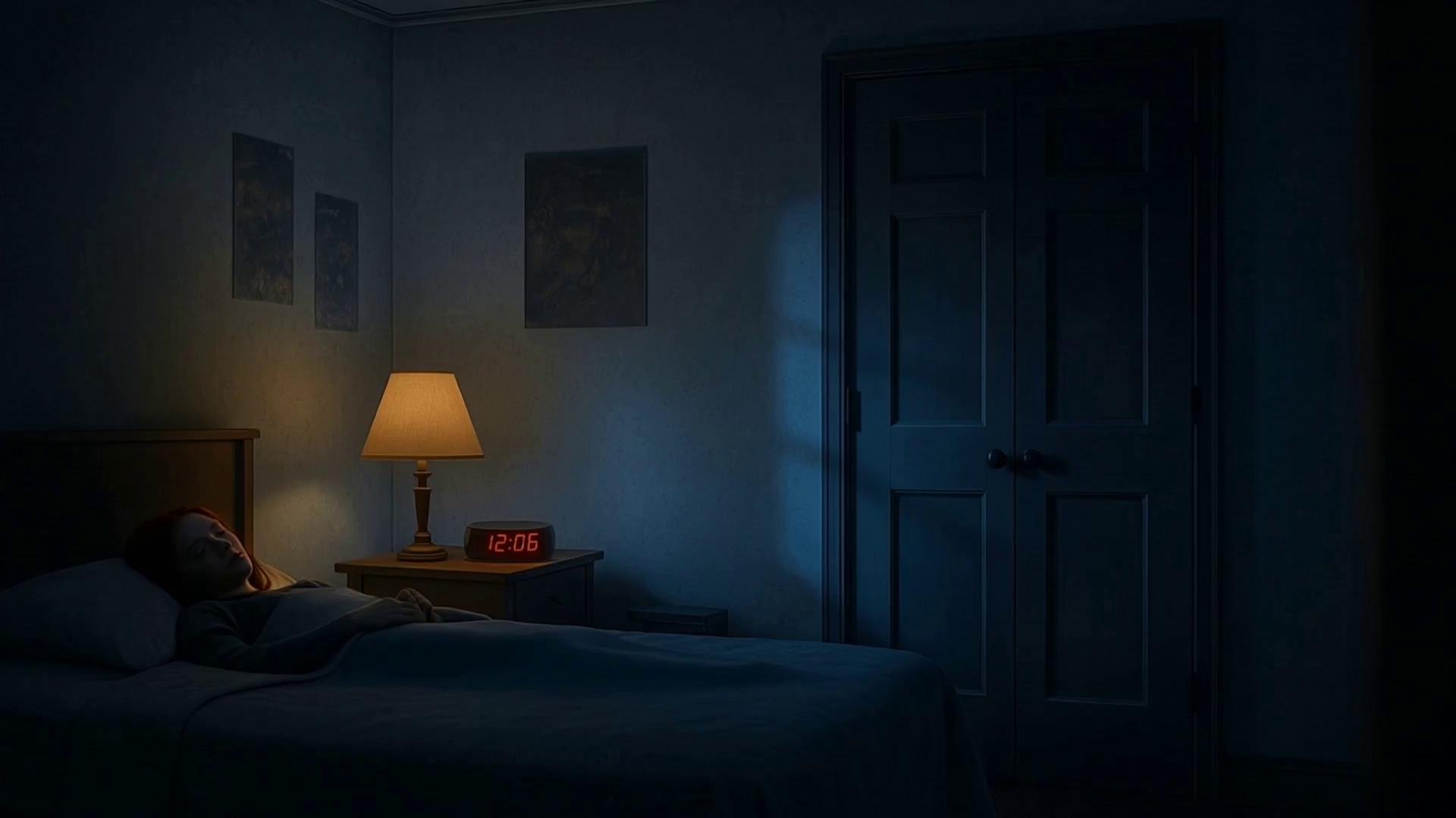 Prompt: start outside the room then push into the room of @image-1765130017018-2.  @image-1765130023466-3 laying on the  bed asleep under the covers.