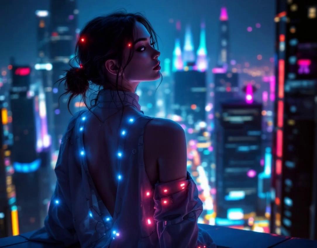 Prompt: A futuristic woman sits on the edge of a towering rooftop at night, overlooking a neon-drenched sci-fi metropolis. Her partially unbuttoned tech-fabric shirt reveals her back, laced with glowing fiber-optic threads. As the camera slowly pushes in from behind with an ultra-smooth dolly-forward motion, the lights embedded in her body suit begin to twinkle and pulse rhythmically, alternating between soft red and cool blue hues — some fading in and out, others trailing in delicate flickers across her spine.
City lights in the background shift subtly in bokeh bloom, creating dynamic depth. A few distant flying vehicles drift across the skyline, while faint holographic glitches momentarily ripple along the edges of her suit. Hair strands flutter slightly in the wind, adding organic movement. By the final second, the camera stops, framing her in the exact position and lighting as shown in your image.
Ultra smooth coherent movement, shot with IMAX Camera, masterpiece quality, hyper detailed photorealism, ultra high definition, award-winning cinematography, extreme realism, cinematic crisp, vivid, emotional, cinematic hd photorealistic, realism