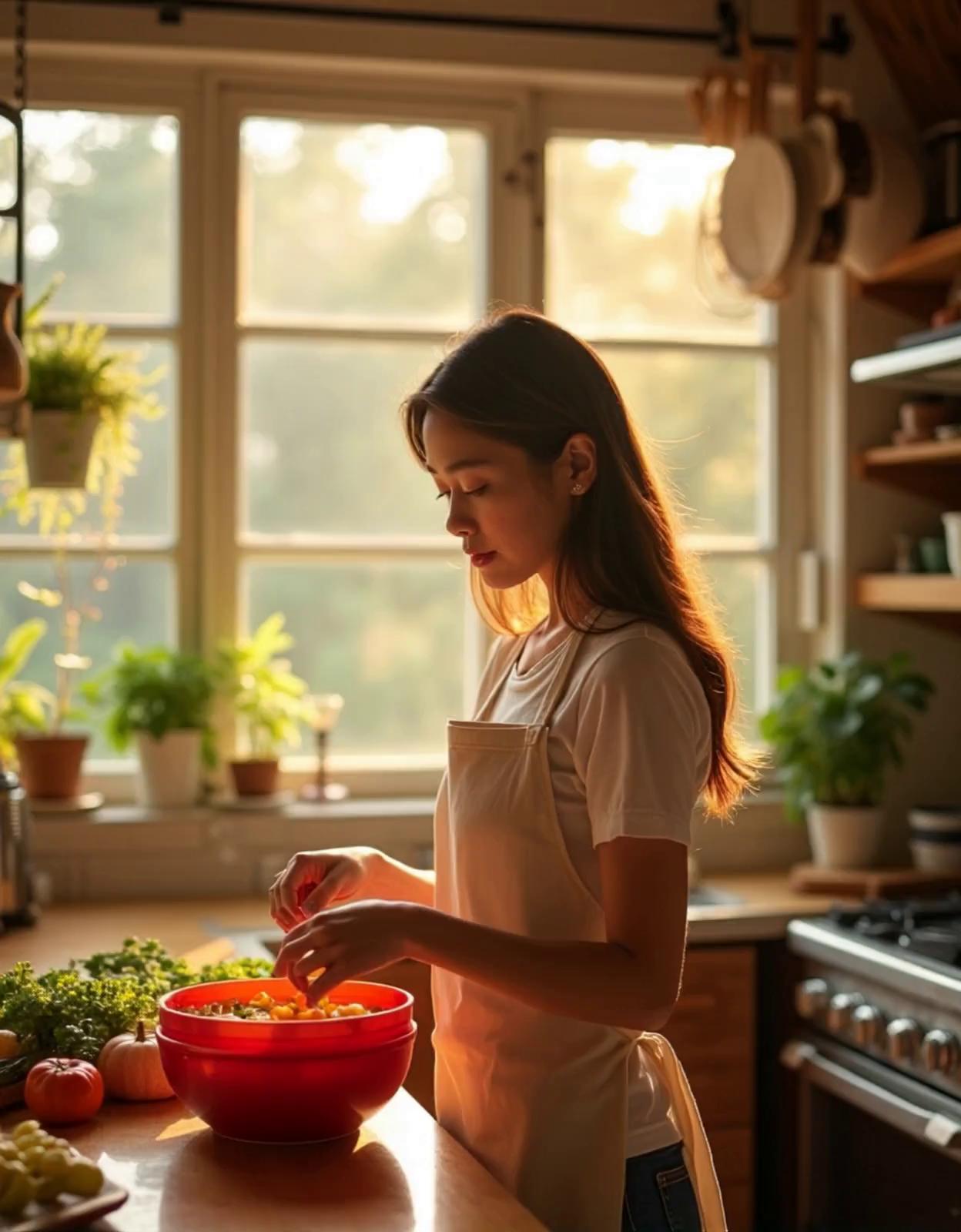 Prompt: A warm, peaceful kitchen bathed in golden-hour light. An Asian woman stands at the wooden counter in a soft white apron, focused and calm, gently mixing ingredients in a vivid red bowl. Vegetables, herbs, and pumpkins surround her workspace in a rustic, sun-kissed kitchen. Light pours through large farmhouse windows behind her, illuminating suspended dust particles and casting gentle shadows. Her movements are slow, precise, and emotionally grounded.

🎬 Camera direction: Begin with a static mid-shot profile, then slowly pan from left to right, tracking across her hands mixing the bowl and ending with a partial focus on her face as she looks down with care. Shot with IMAX Camera, ultra smooth coherent movement, masterpiece quality, hyper detailed photorealism, ultra high definition, cinematic crisp, vivid, emotional, cinematic HD photorealistic, realism, award-winning cinematography, golden tones, volumetric light.