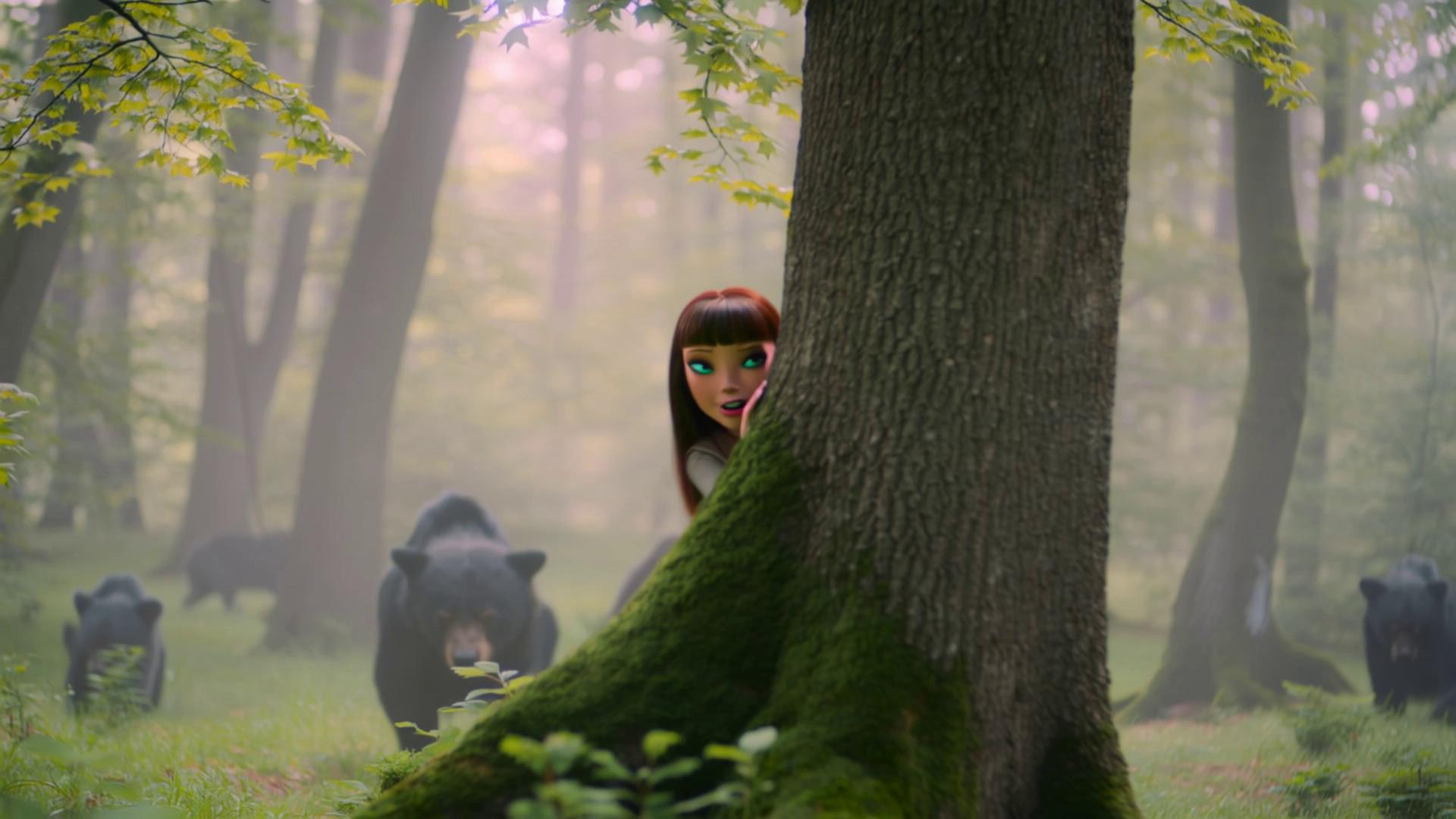 Prompt: Dreamlike cinematic sequence.
Single continuous scene, slow motion, smooth transitions, no abrupt cuts.

Visual style:
Stylized character similar to The Sims 4 or Barbie,
slightly unreal, soft textures, pastel/forest colors,
dreamlike and surreal.

Emotional tone:
Fear, tension, suspense, followed by clever escape.

Scene:
A woman in her 30s, slim, long brown hair with straight bangs,
turquoise eyes, is in a dense forest.
Soft, filtered light, misty atmosphere.

From afar, multiple black bears appear.
She is surrounded slowly, bears moving silently.
She trembles behind a tree, hiding.

The largest black bear approaches, sniffing.
It cannot see her clearly, following scent instead.
Whenever it comes close to one side of the tree, she carefully moves to the opposite side.

Finally, the bear has a moment of inattention.
The woman runs through the forest swiftly, evading the bear.
The bear loses her trail.

Camera movement:
Slow floating camera, tracking her movement, emphasizing suspense.
Soft focus on the forest, leaves gently moving.

Style:
Symbolic, suspenseful, dreamlike.
No dialogue, no chaos.
Intentional, fluid movements, emotionally coherent.