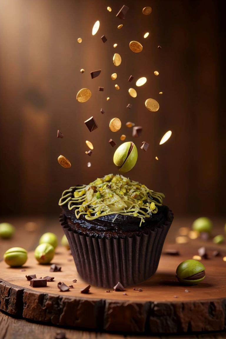 Prompt: Using this image, create an elegant animation where chocolate shards and pistachio pieces gently fall from above, bouncing lightly off the cupcake on impact to add a playful yet refined touch. Incorporate a soft, dynamic sunlight glow that moves subtly across the background, creating warmth and depth. The overall mood should be indulgent and luxurious, enhancing the rich texture and detail of the cupcake while maintaining a smooth, visually satisfying flow