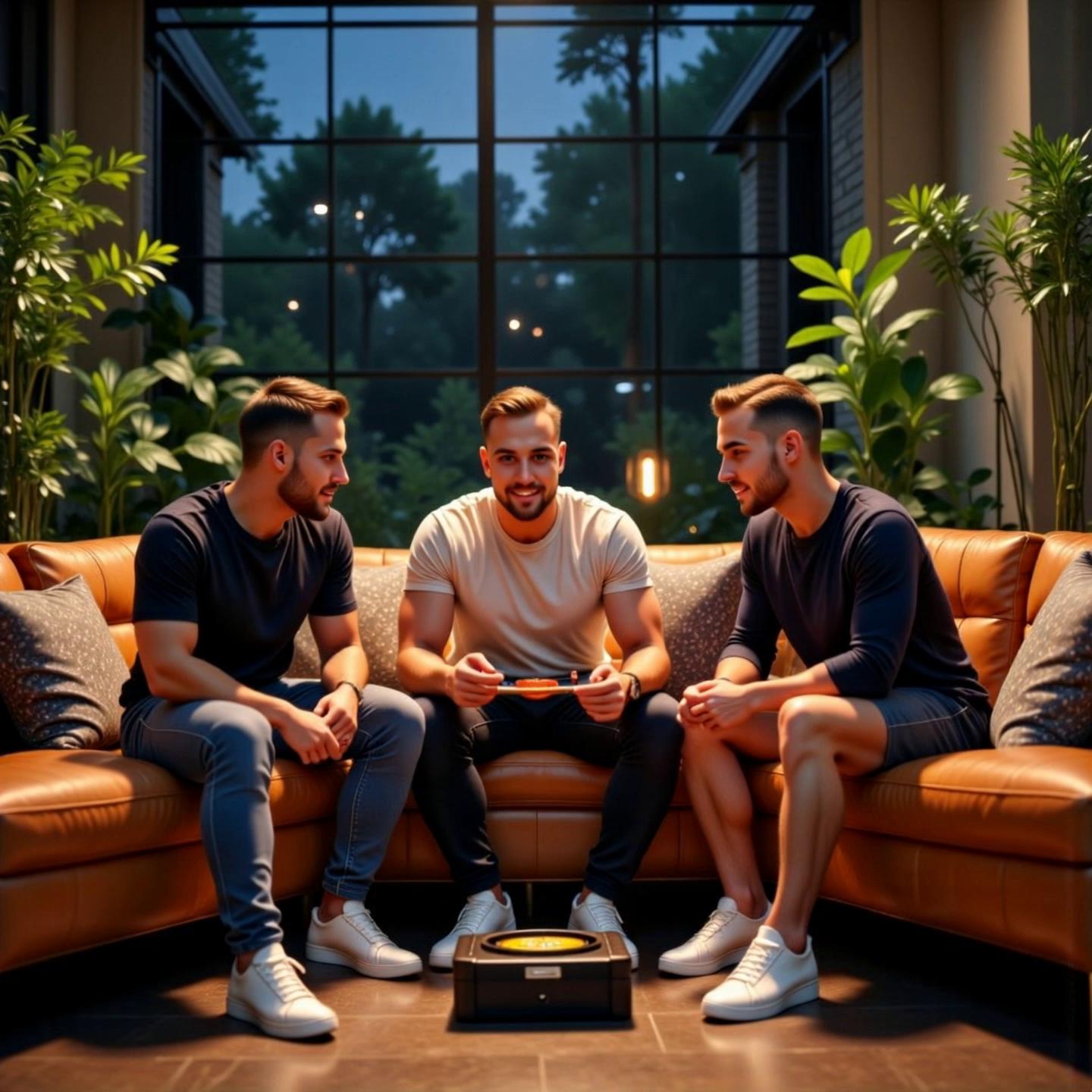Prompt: darkness outside and the men are playing a board game having lots and lots of fun, laughing and teasing each other