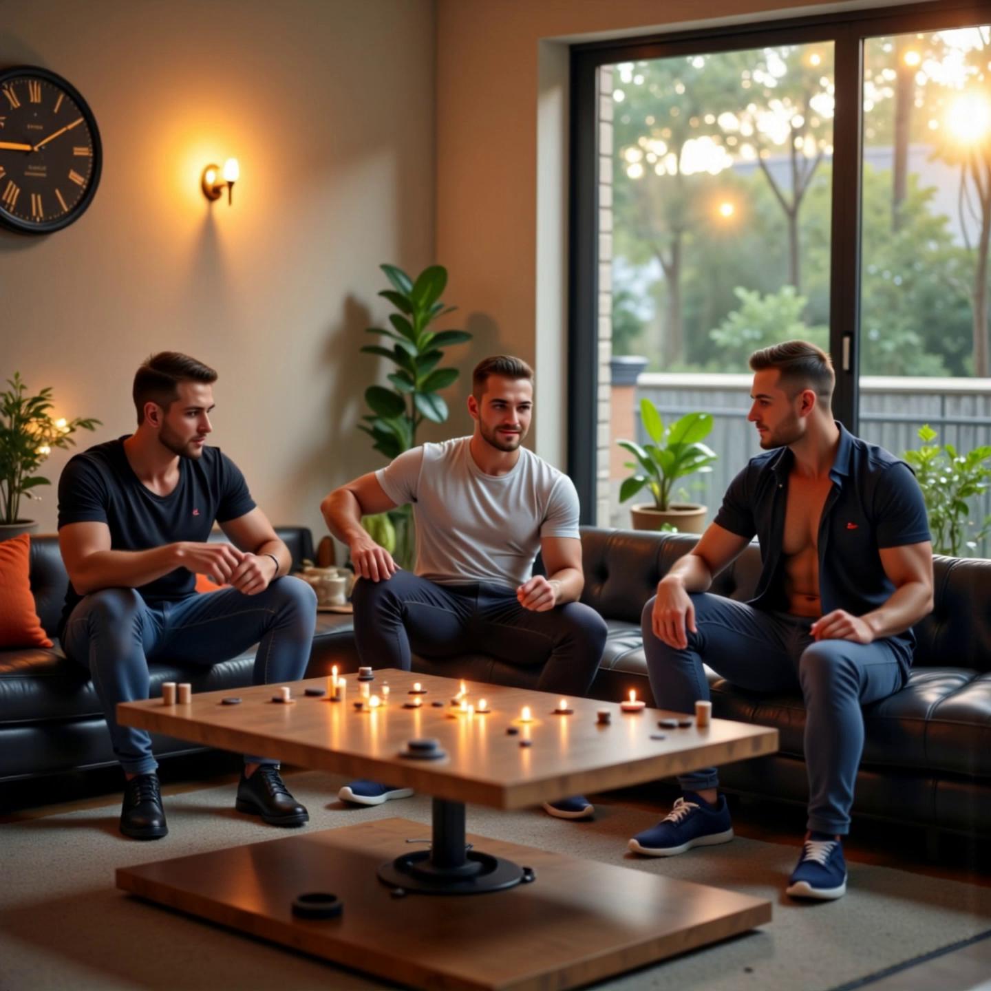 Prompt: t is early evening, sun sets to darkness outside and the men are playing a board game having lots and lots of fun, laughing and looking at each other