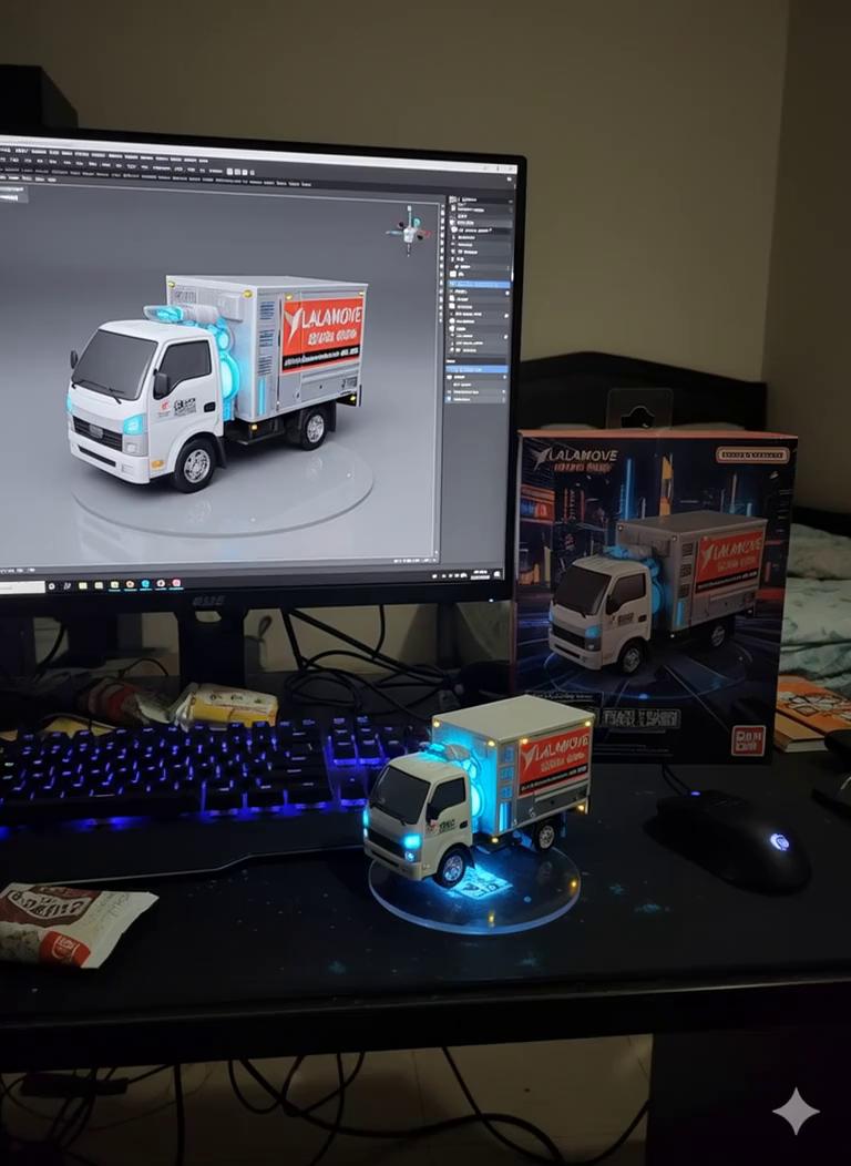 Prompt: 

 Two hands gently pick up the figure in the frame and rotate it slightly for inspection. The model on the computer screen and the model printed on the packaging box remain stationary, while all other background elements stay unchanged.