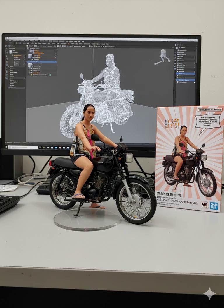 Prompt: 

 Two hands gently pick up the figure in the frame and rotate it slightly for inspection. The model on the computer screen and the model printed on the packaging box remain stationary, while all other background elements stay unchang