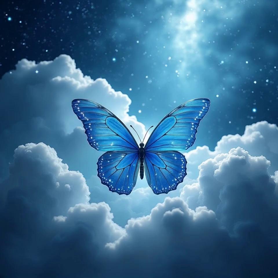 Prompt: hyperfocus, moving clouds, comets and blinking stars, flying butterfly 