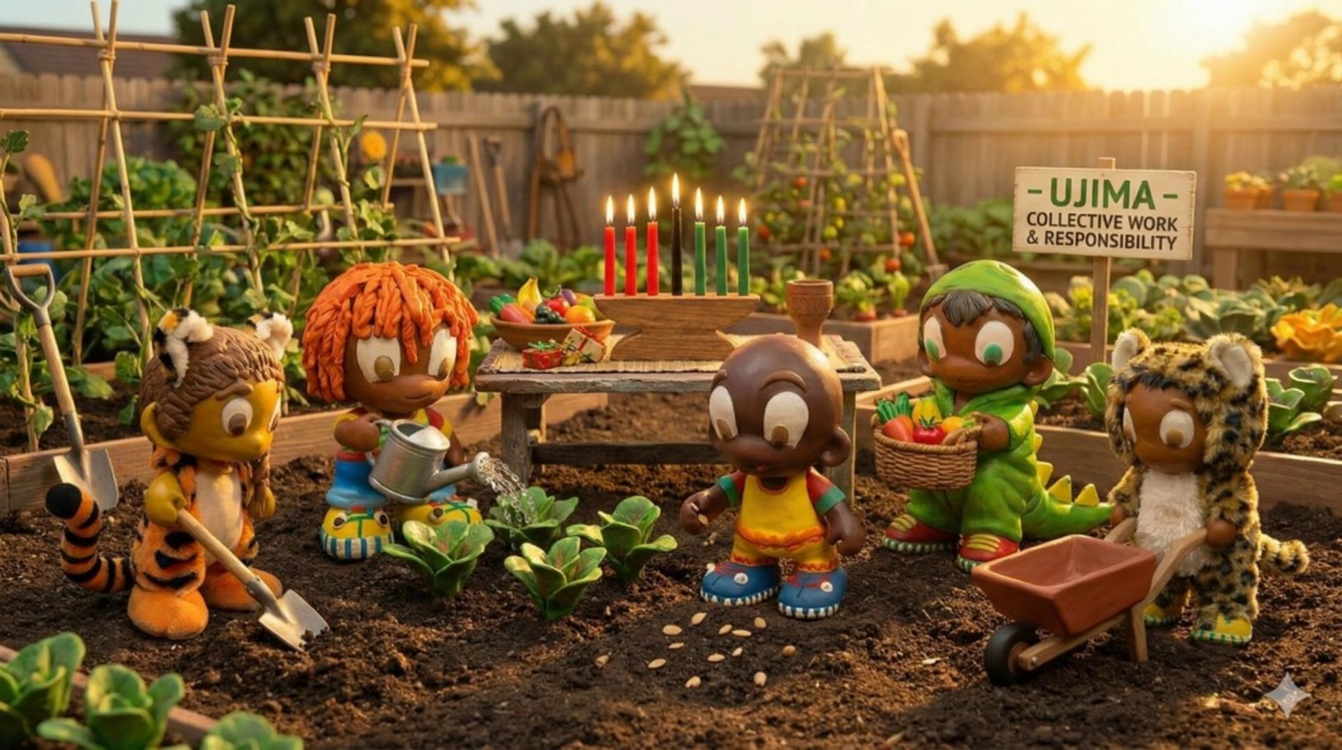 Prompt: They are moving around the garden, planting harvesting and singing