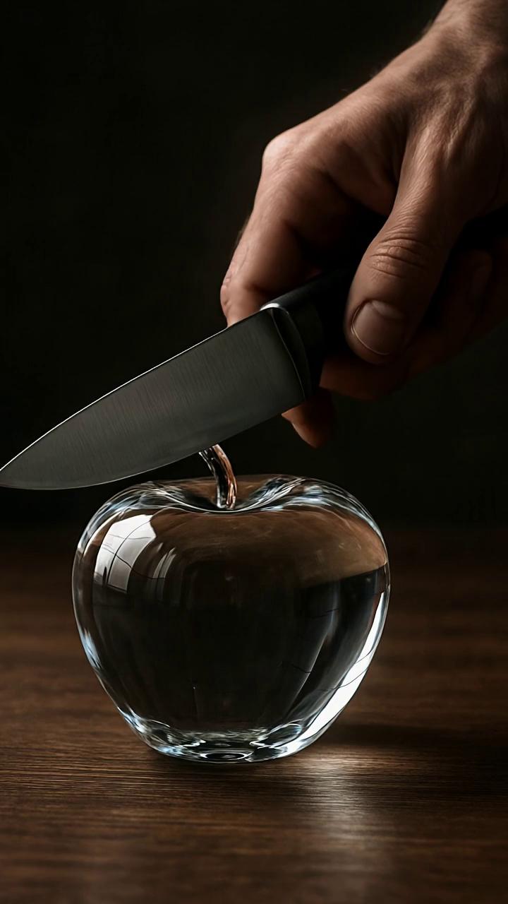 Prompt: A hyper-realistic cinematic video in 9:16 aspect ratio. A transparent glass apple sits on a wooden table, glowing with reflections and refractions. A man’s hand slowly lowers a sharp stainless steel kitchen knife, slicing into the delicate glass apple in smooth motion. The cut should feel extremely satisfying, with detailed textures, realistic lighting, lifelike depth, and dramatic shadows and glares. The scene should have a cinematic, ASMR-like quality, emphasizing the satisfying movement of the slice.