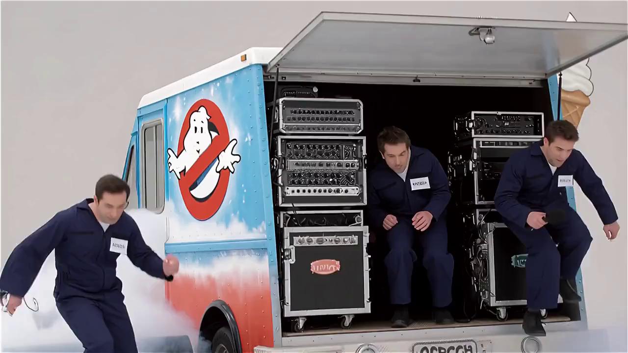 Prompt: The Icemen : audio guys with matching navy blue flight suits reminiscent of the ghostbusters jumpsuits with name tags. There are four of them, holding microphones and running out of a modified ice cream truck that houses all the audio gear and has smoke coming out of it. 
