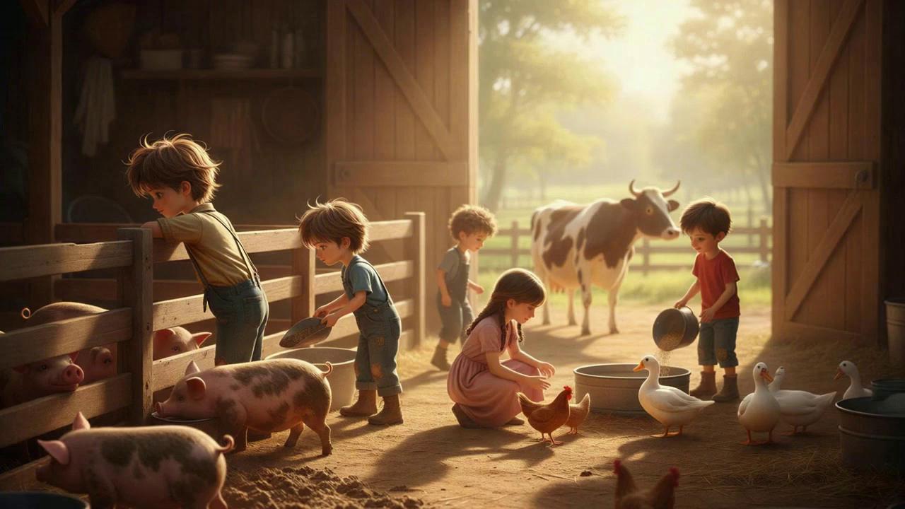 Prompt: runt and his brother are feeding pigs chickens and ducks are running around other siblings are feeding the other animals its a earleys morning and the sun is shining