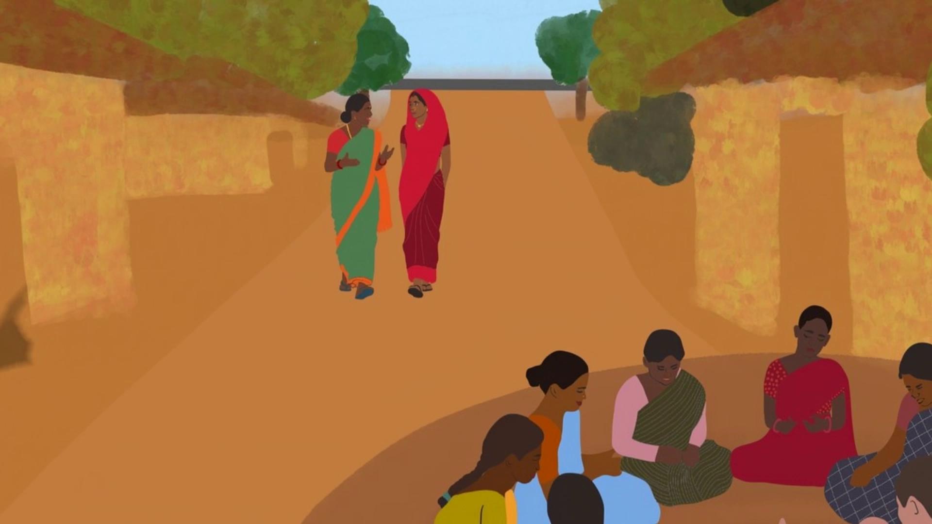 Prompt: A serene, sun-drenched village road scene unfolds with authentic charm. Two women, one in a vibrant emerald green sari and the other in a rich crimson sari, walk slowly towards the group of women, their movements graceful. The woman in green gestures expressively, introducing the surroundings to her companion, her face alight with warmth. The woman in red, more reserved, keeps her head gently bowed, listening intently, her subtle hand movements conveying quiet contemplation. The woman in red is shy and does not make facial expreissions like smiling or hand gestures. Ahead, a group of women sits on the earthen ground under a large tree, engrossed in lively conversation and occasionally glancing up with soft smiles. In the background, a local bus maintains its consistent shape as it slowly travels left to right along the dusty grey road. The hanging clothes gently sway in the breeze. The camera should zoom and pan out from the two walking ladies to reveal the group of women sitting