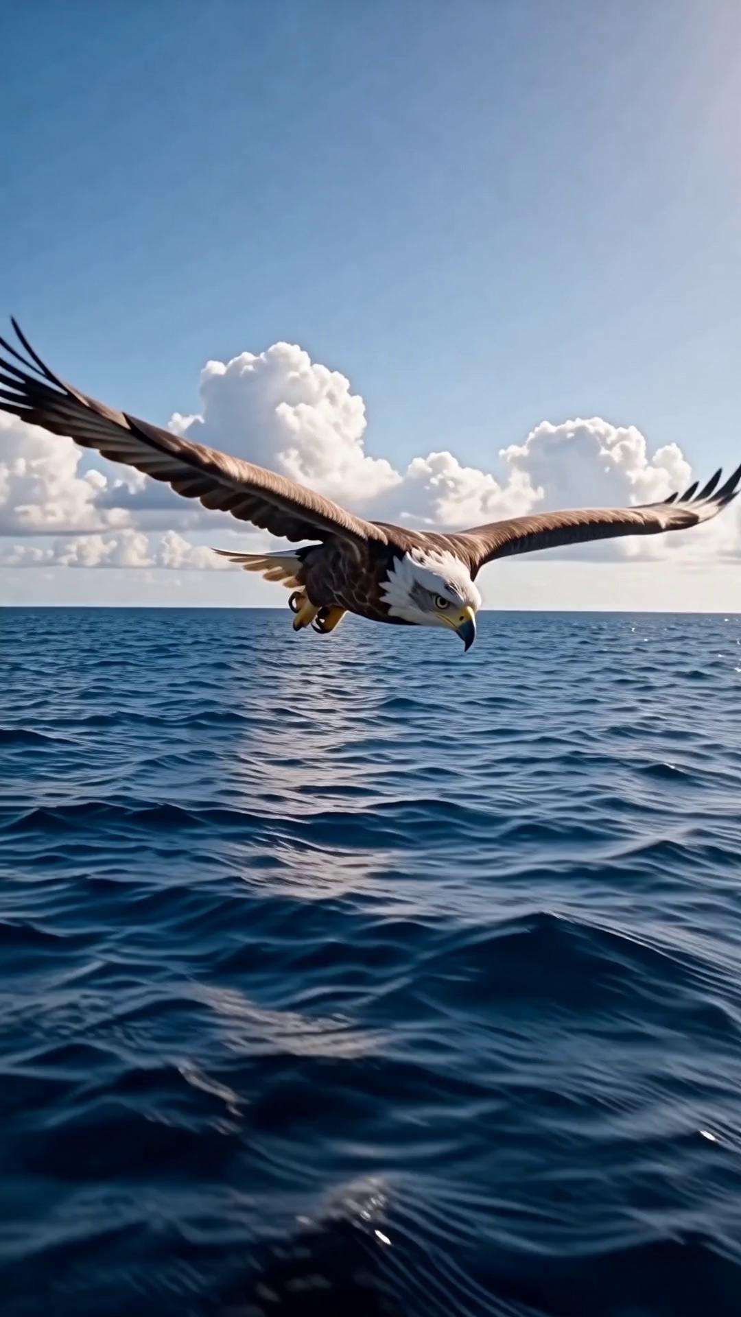 Prompt: A hyper-realistic cinematic wildlife scene of a majestic eagle diving from a great height toward the open sea. The camera tracks the eagle from above as it folds its wings and accelerates downward, wind moving through ultra-detailed feathers. The eagle’s sharp eyes are locked onto a fish swimming just below the water’s surface.

The eagle strikes the ocean in dramatic slow motion, talons piercing the water with realistic splashes and suspended droplets. A silver fish is caught firmly in its claws. Natural water physics, ripples spreading across the sea, sunlight reflecting off the surface.

The eagle then powerfully lifts off from the water, wings fully extended as it ascends back into the sky. Water droplets fall from its feathers while the ocean below glows with cinematic lighting. Photorealistic, nature documentary style, ultra-detailed textures, smooth realistic motion, cinematic depth of field, 4K quality.